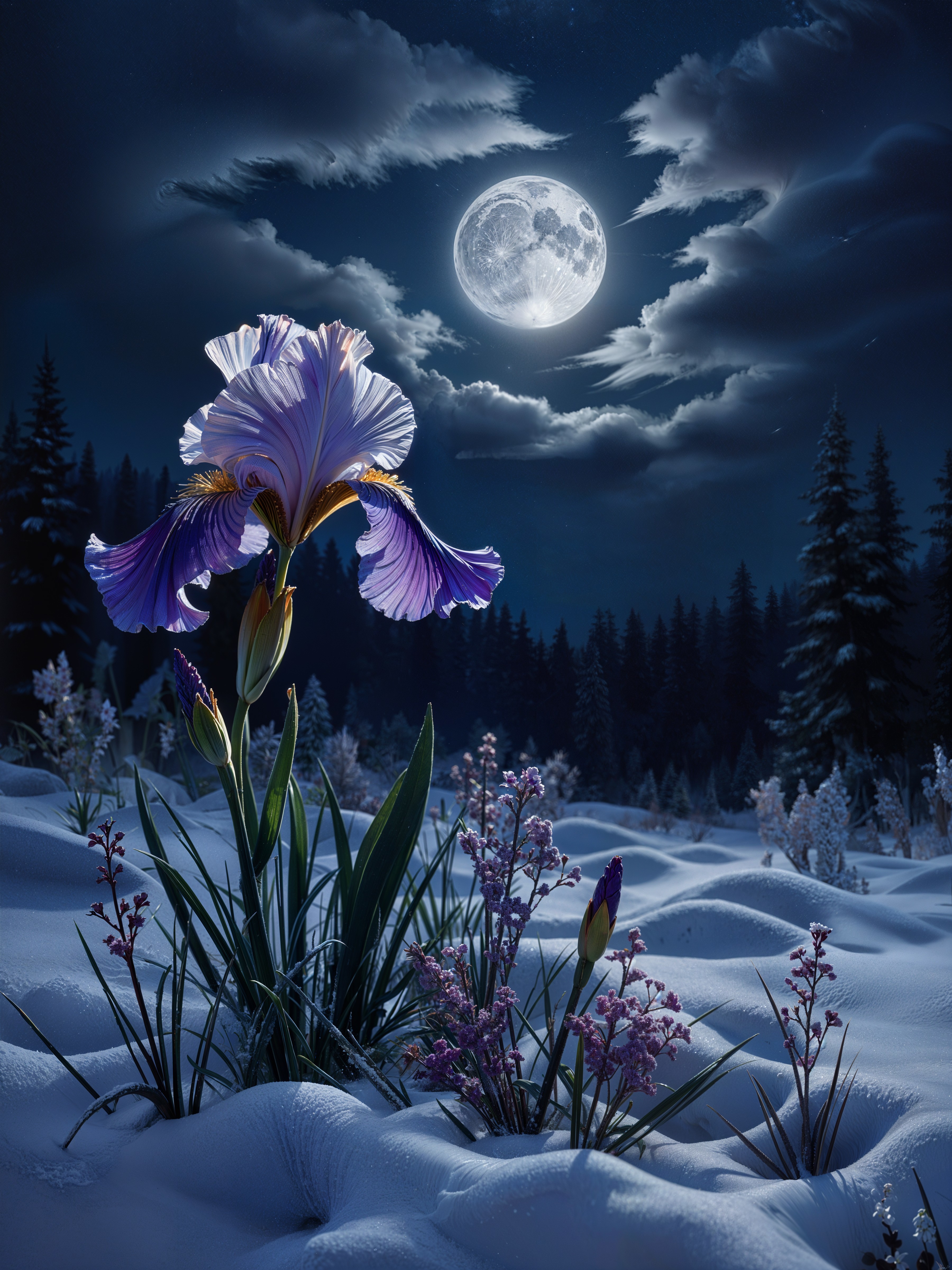 Iris Blooming in Snowy Landscape Under Moonlight