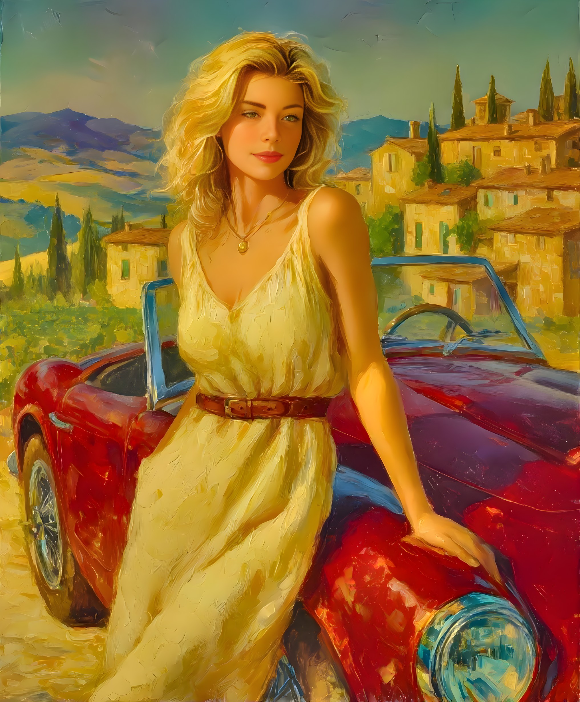 Woman in Yellow Dress by Red Convertible in Italy