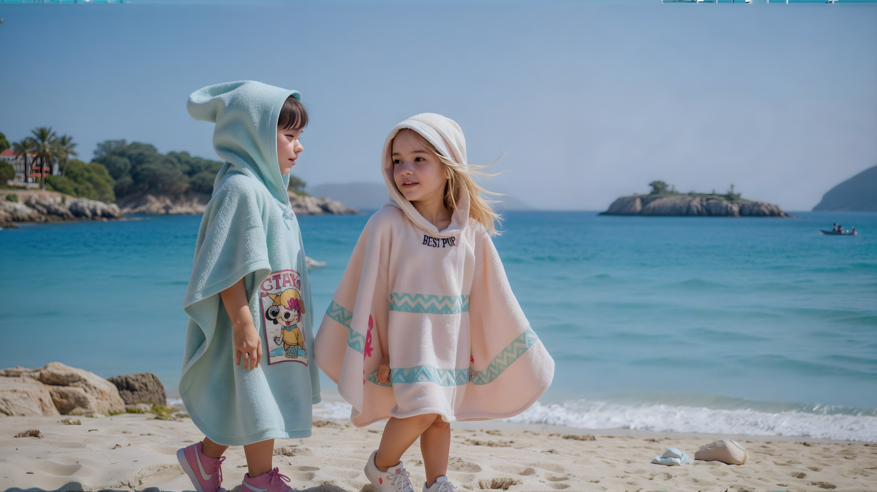 Children in Colorful Ponchos on Sandy Beach