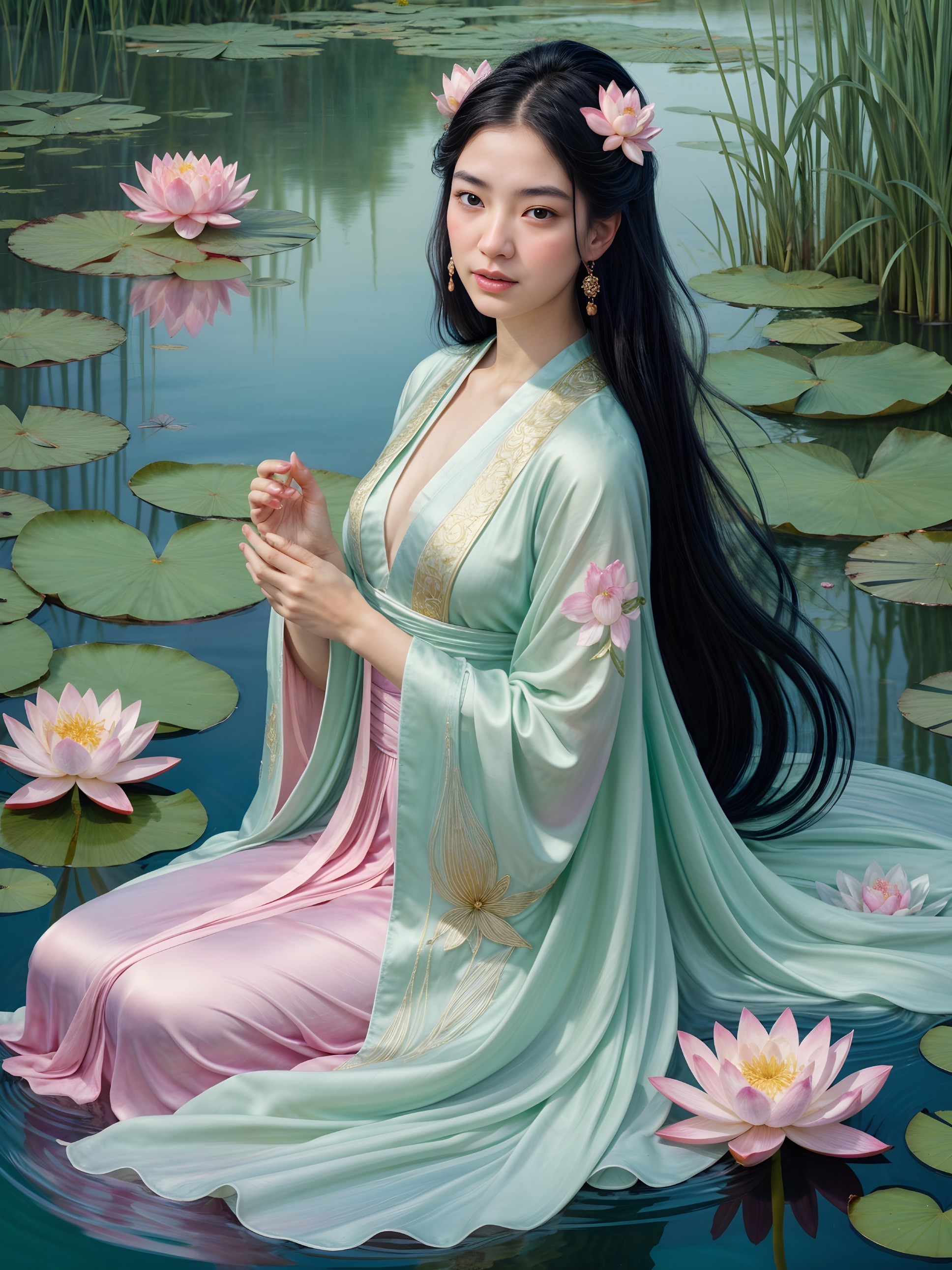 Young woman in tranquil pond with lotus flowers