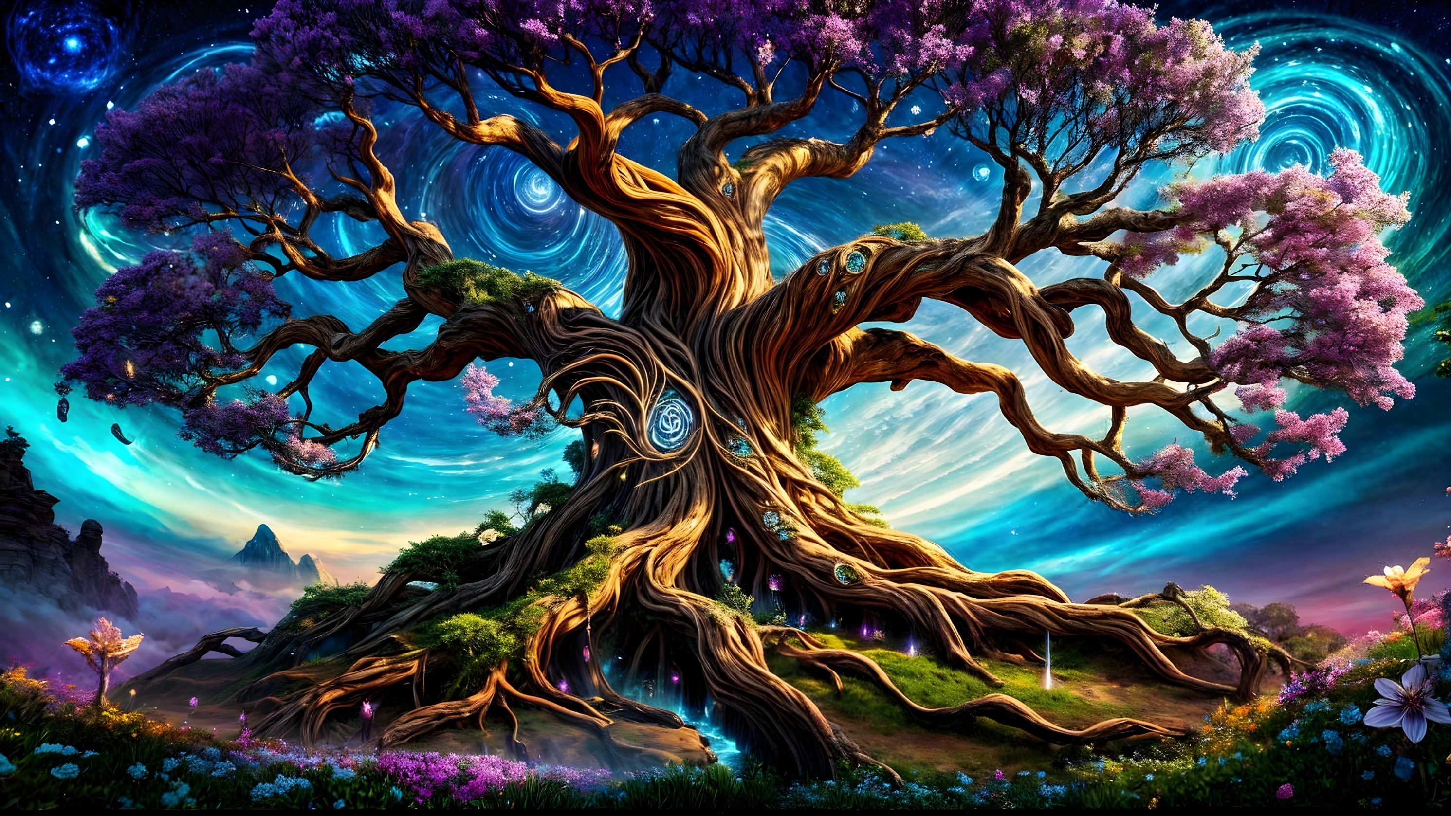 Majestic Tree with Purple Blossoms and Galaxies