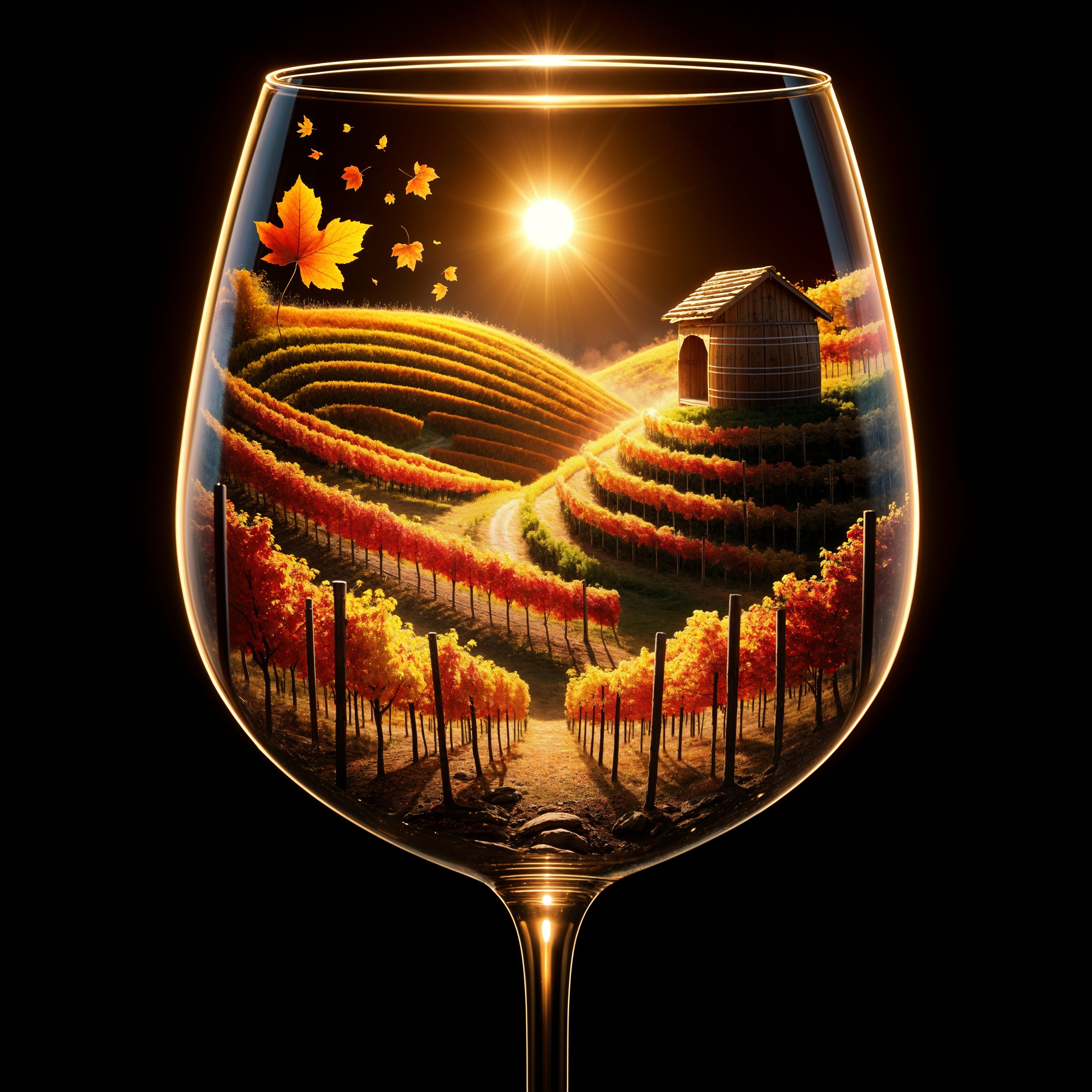 Wine Glass Featuring Vineyard Scene and Autumn Foliage