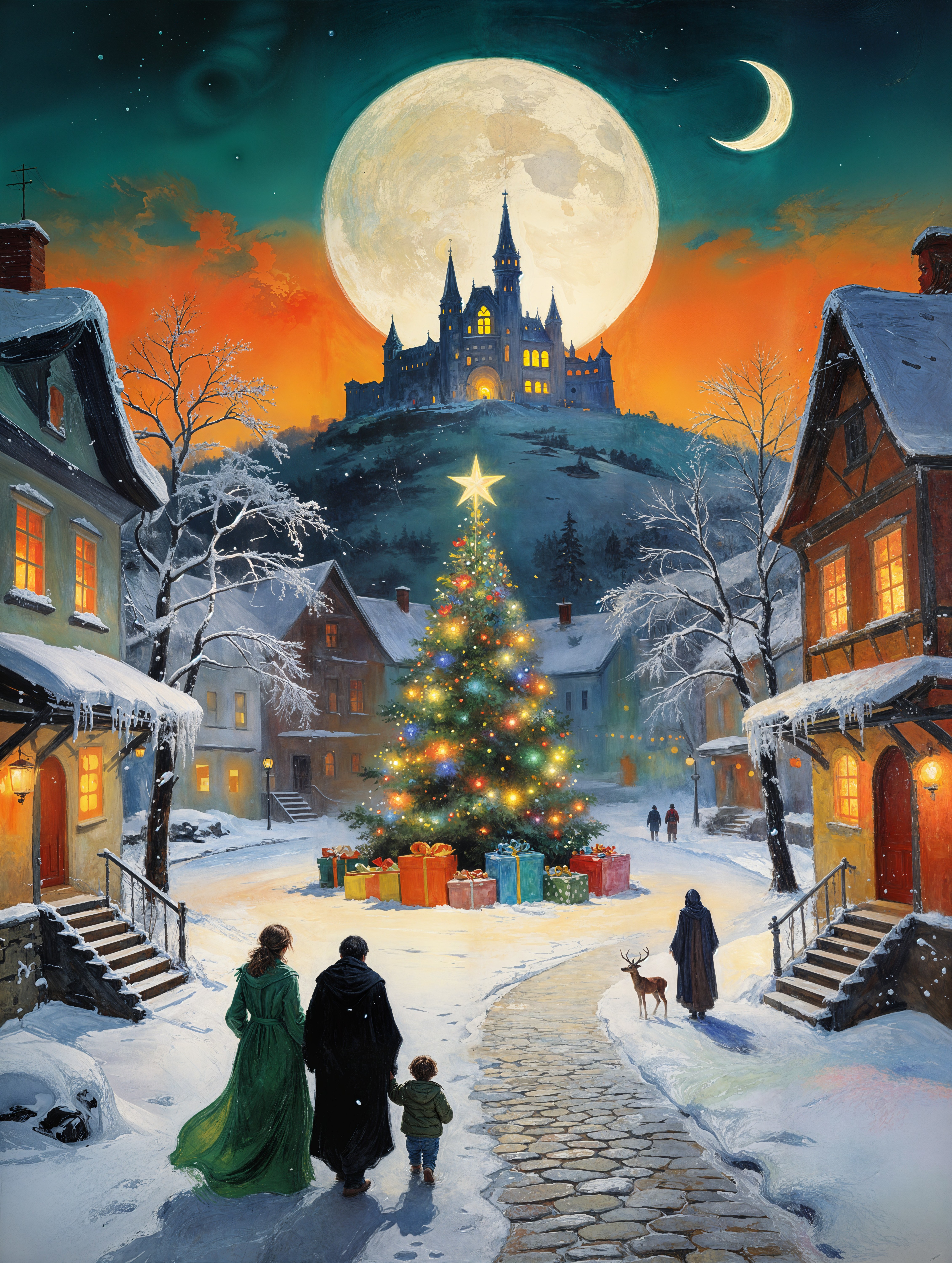 Snowy Village Scene with Christmas Tree at Dusk