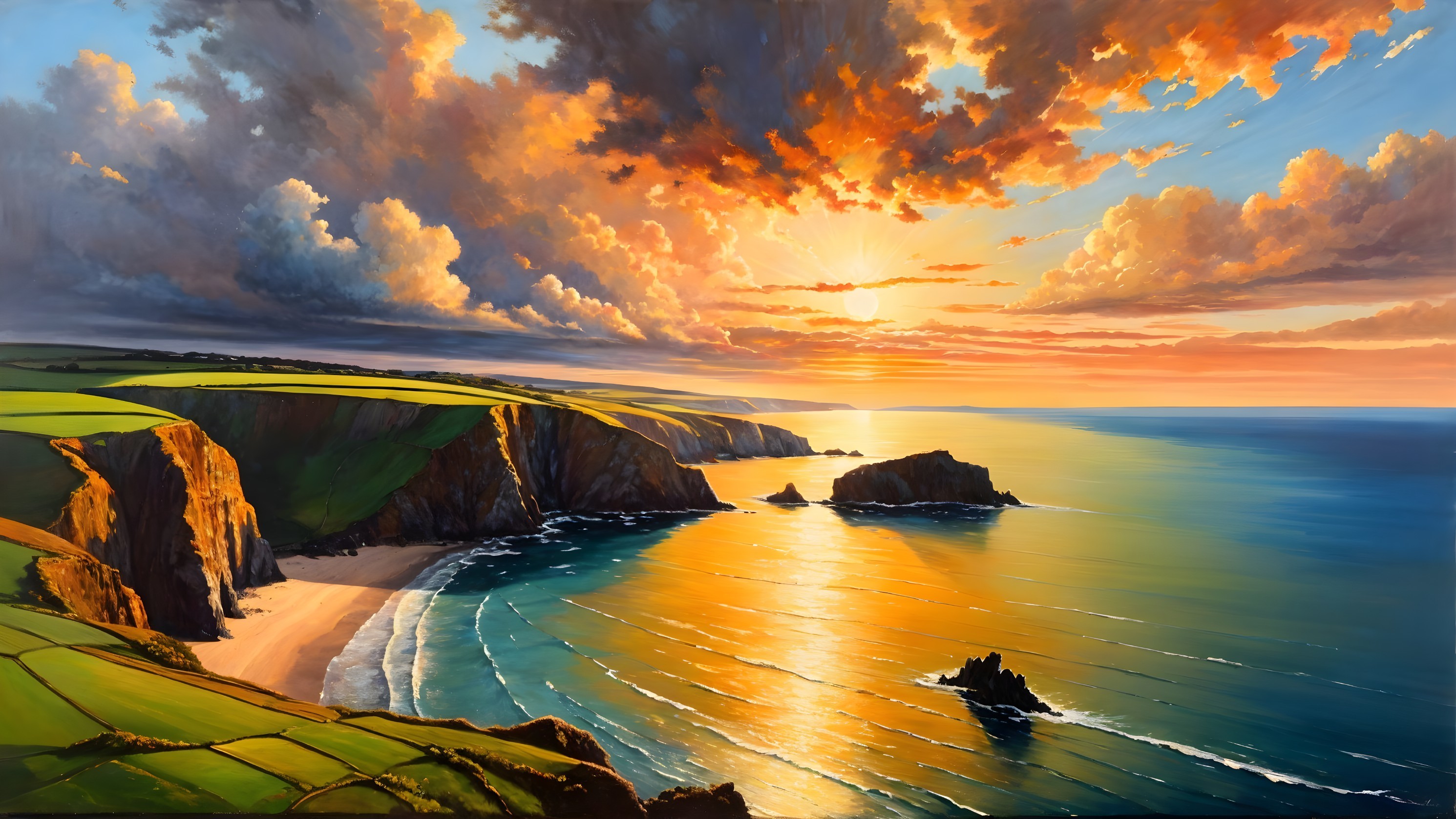 Coastal Landscape with Cliffs and Sunset Colors