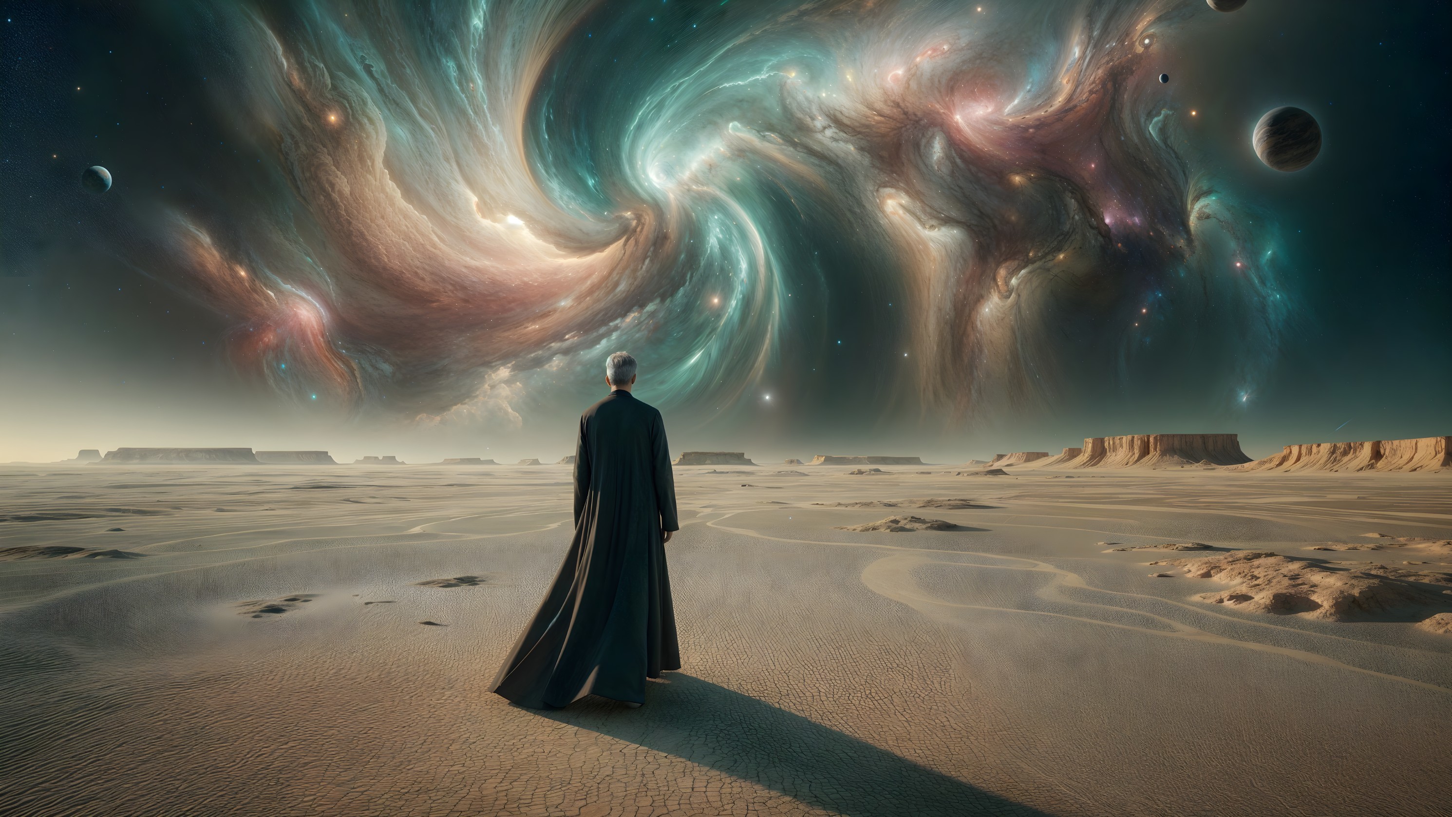 Cloaked Figure Overlooks Colorful Cosmic Landscape