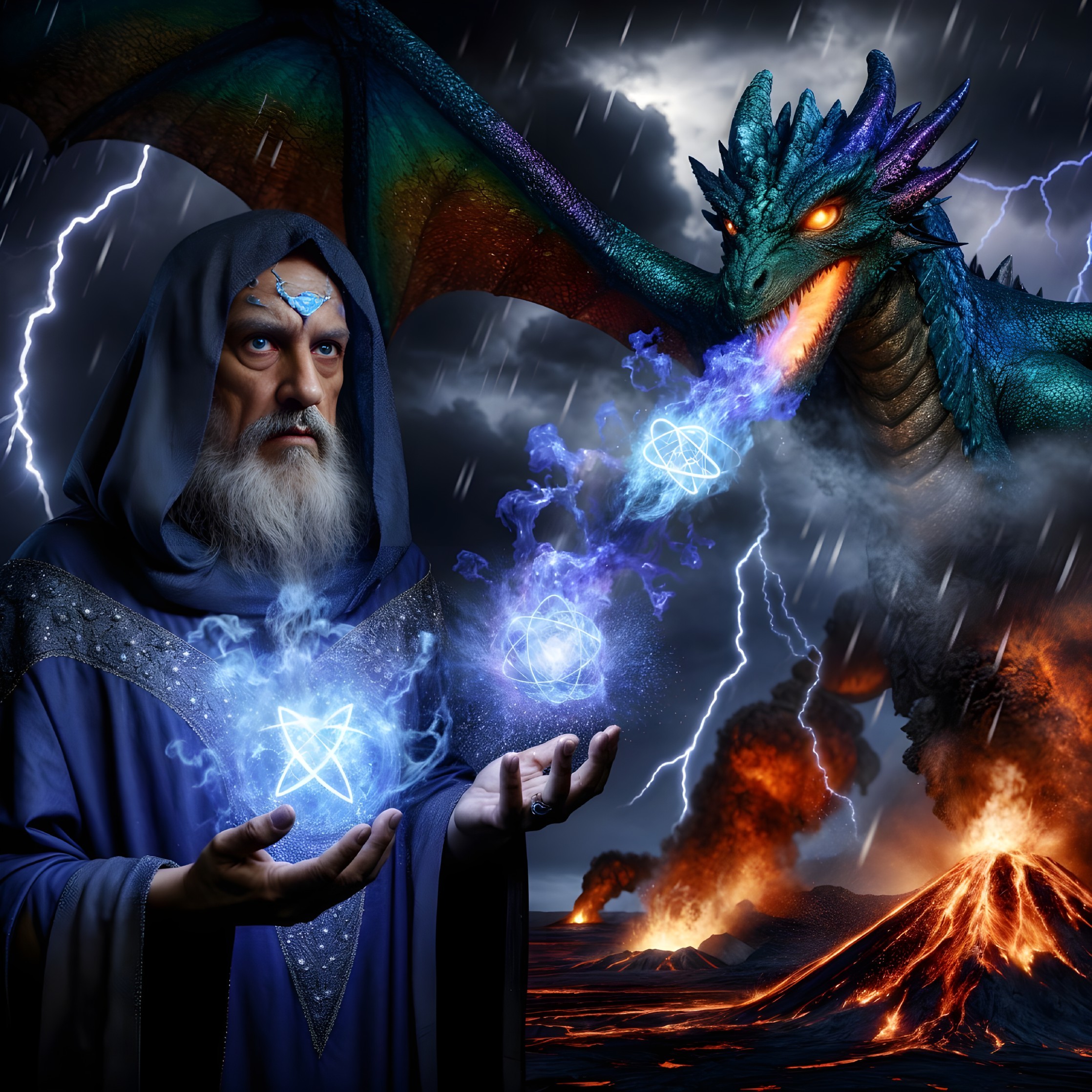Dramatic scene of a wizard and dragon in conflict