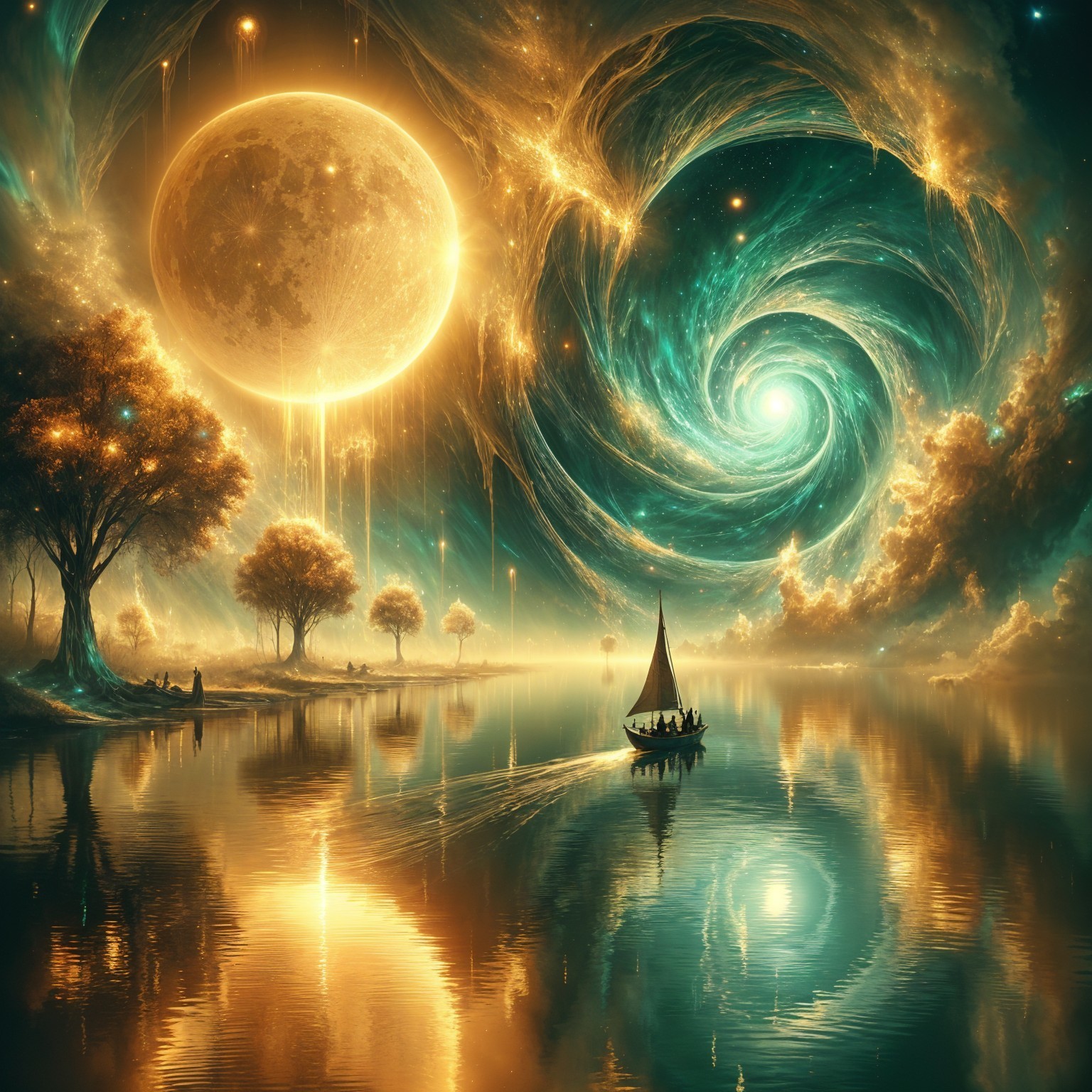 Tranquil Lake with Galaxy Reflection and Moonlight