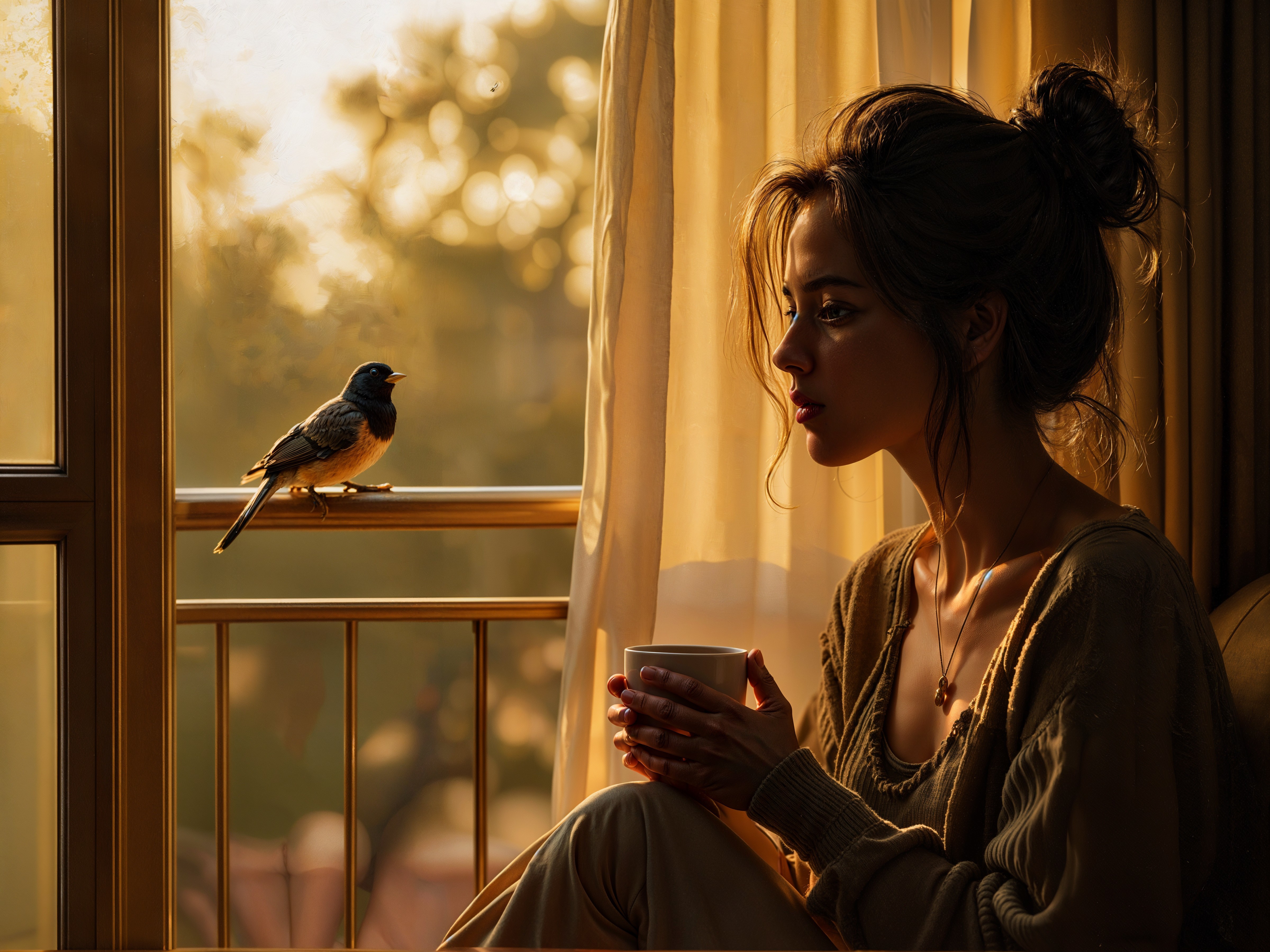 Young woman by window with serene light and bird
