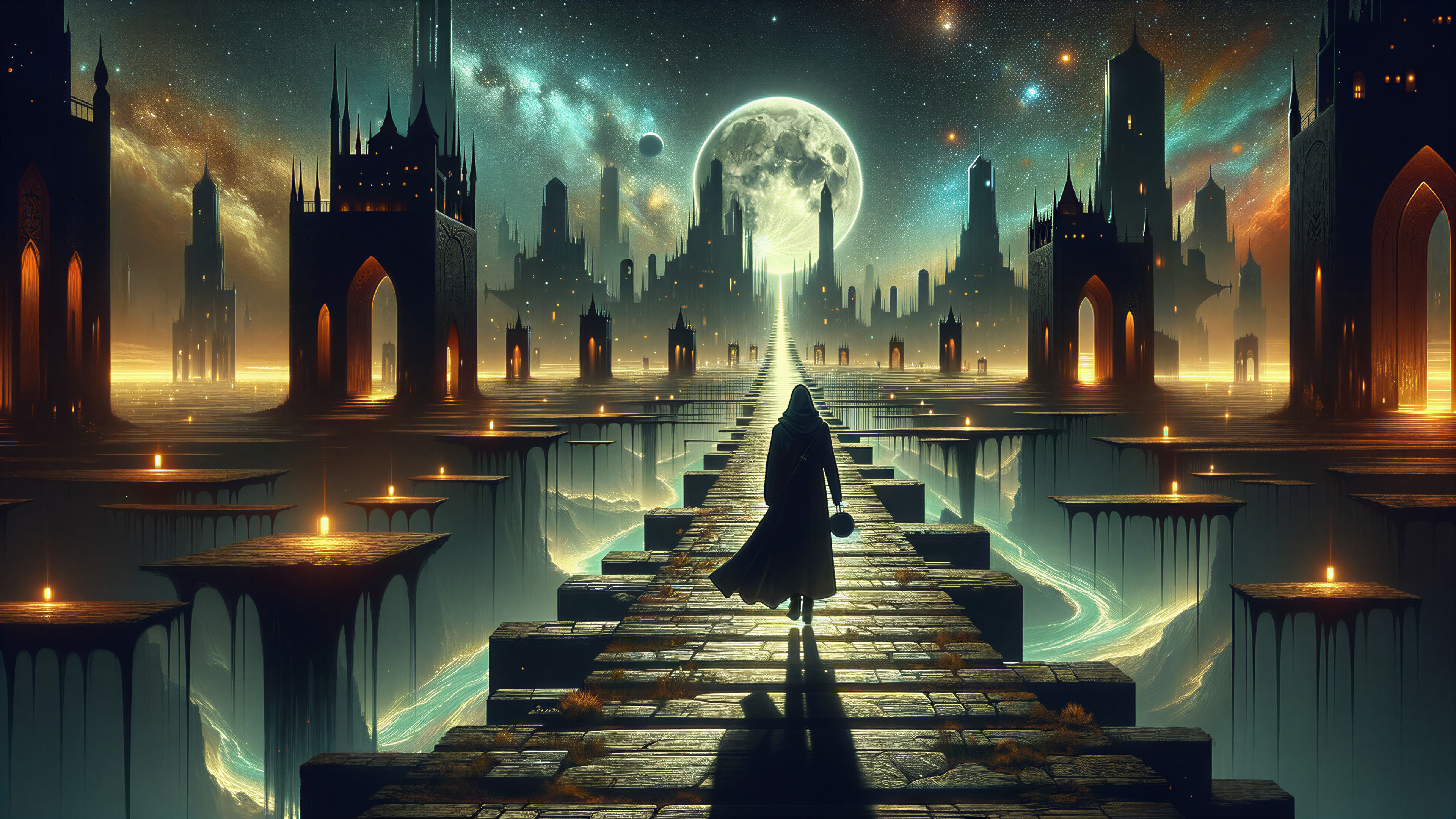 Mysterious Figure on Illuminated Pathway to Cityscape