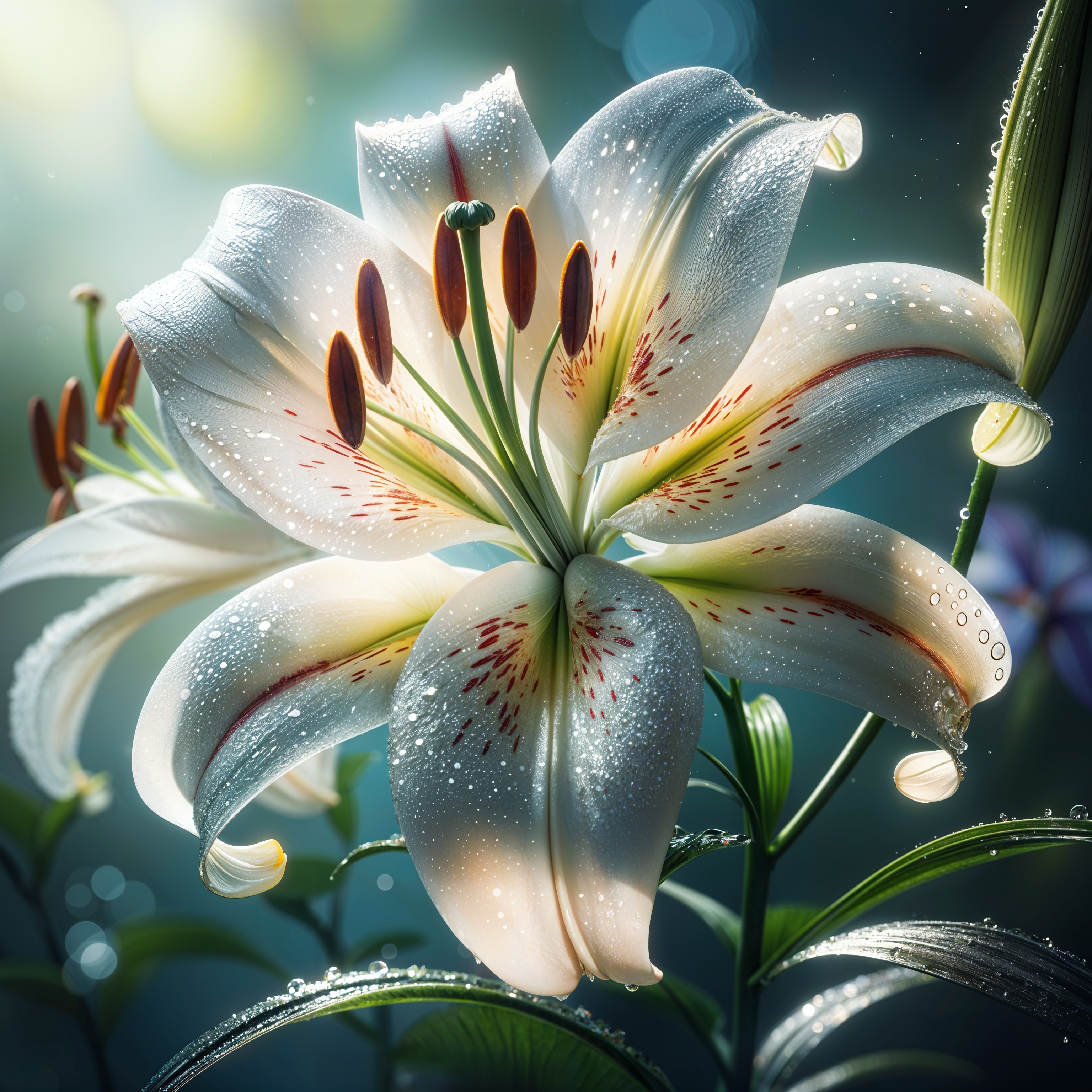 White Lily with Water Droplets and Red Speckles