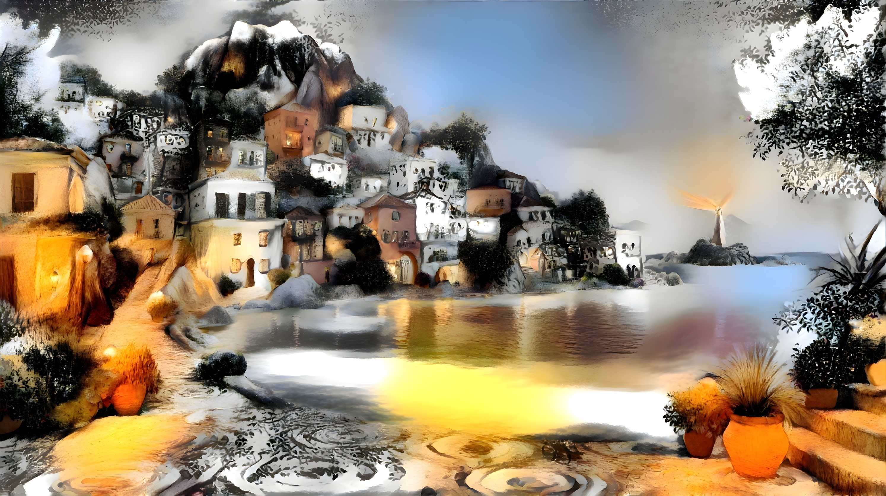 Coastal Village with Colorful Buildings and Lighthouse