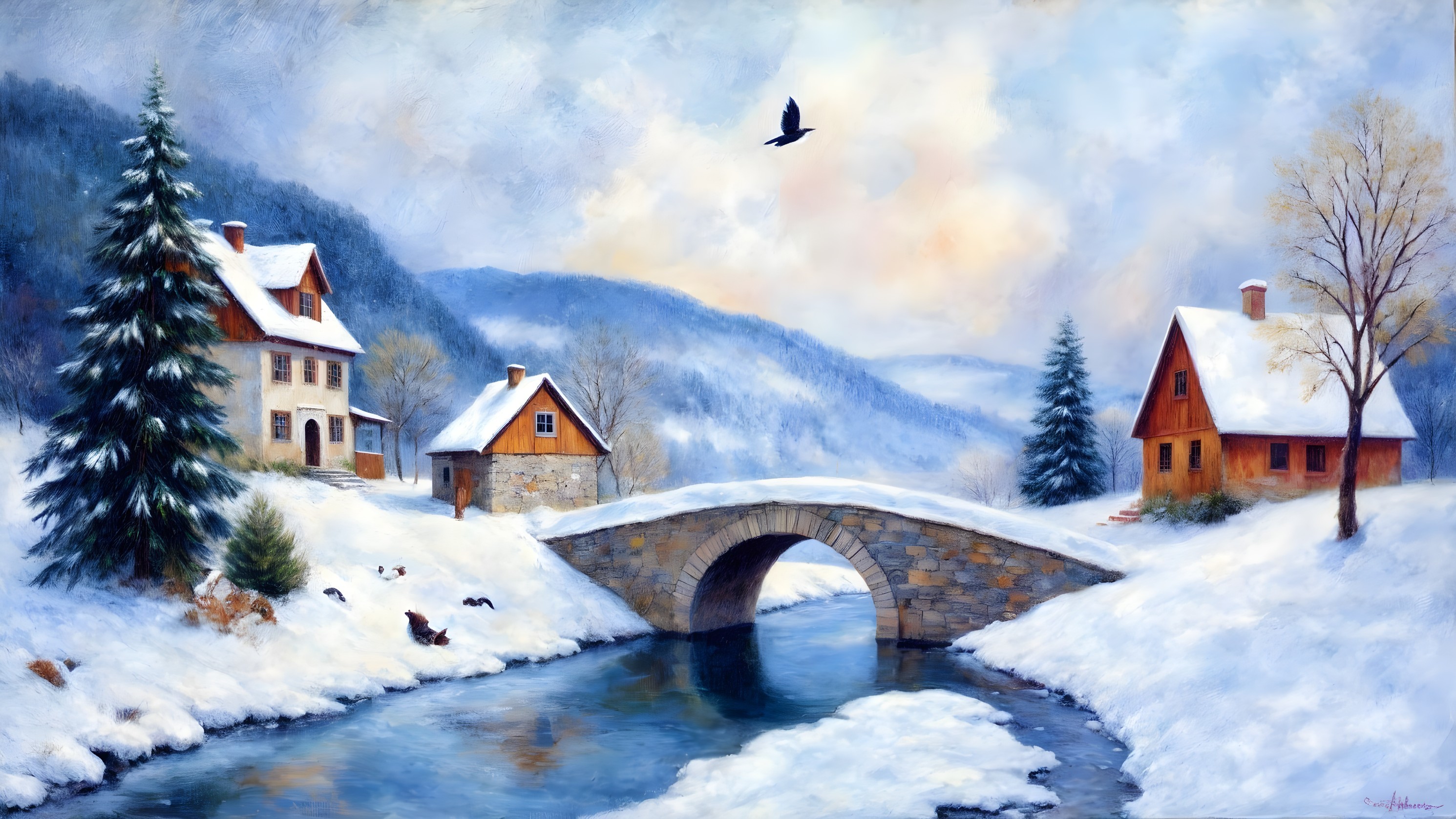 Winter Landscape with Snowy Houses and Mountains