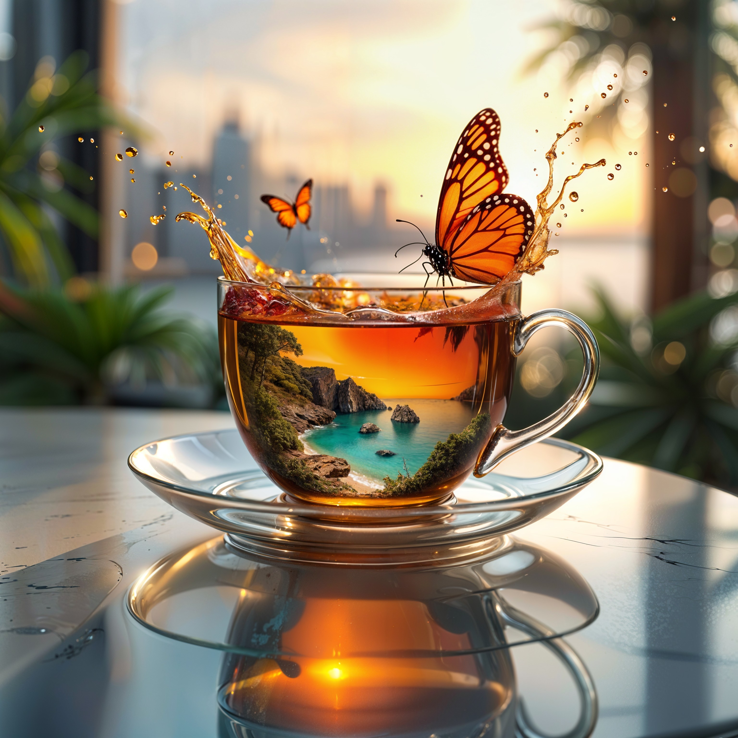 Glass Cup with Tropical Scene and Sunset Background