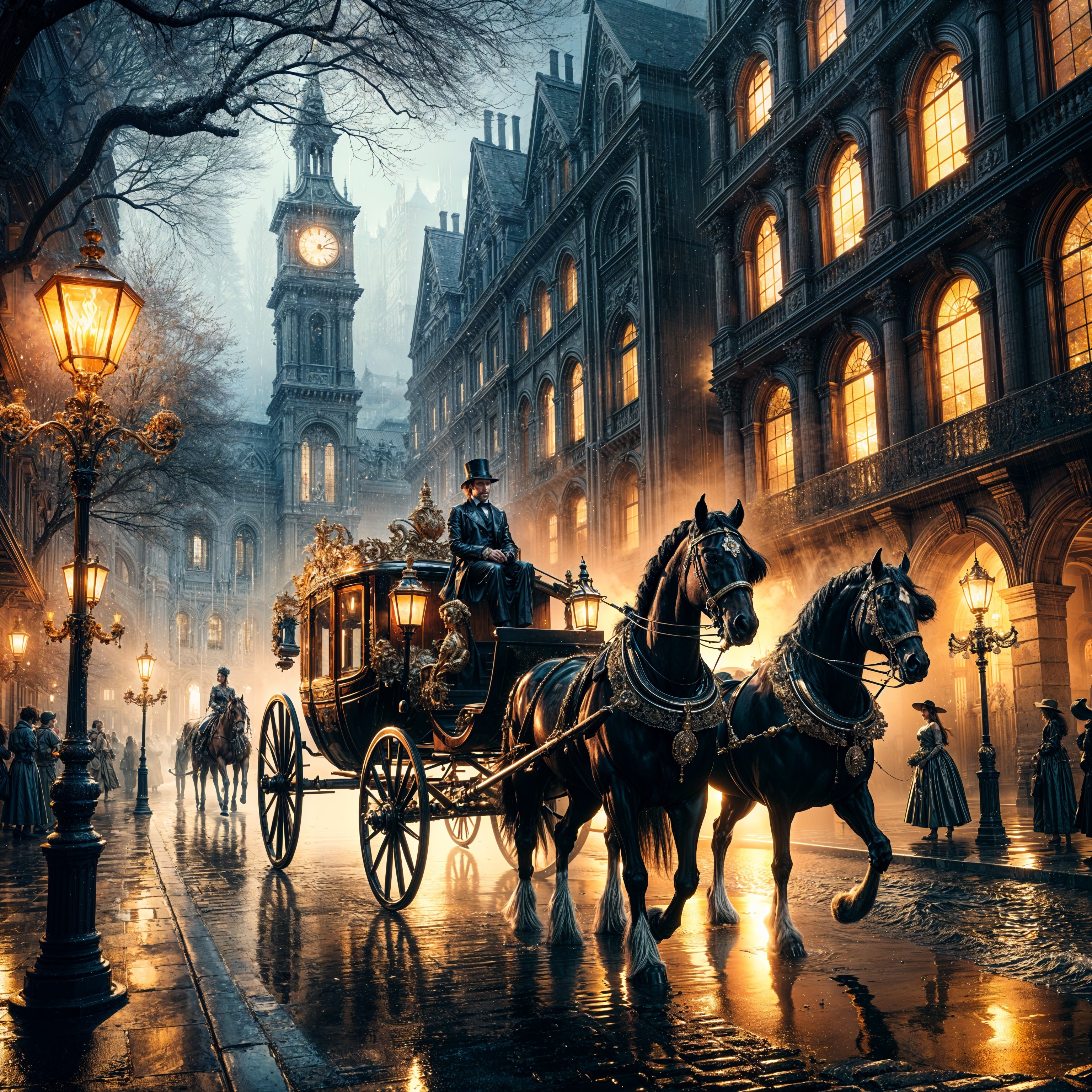 Vintage street scene with horse-drawn carriage at dusk