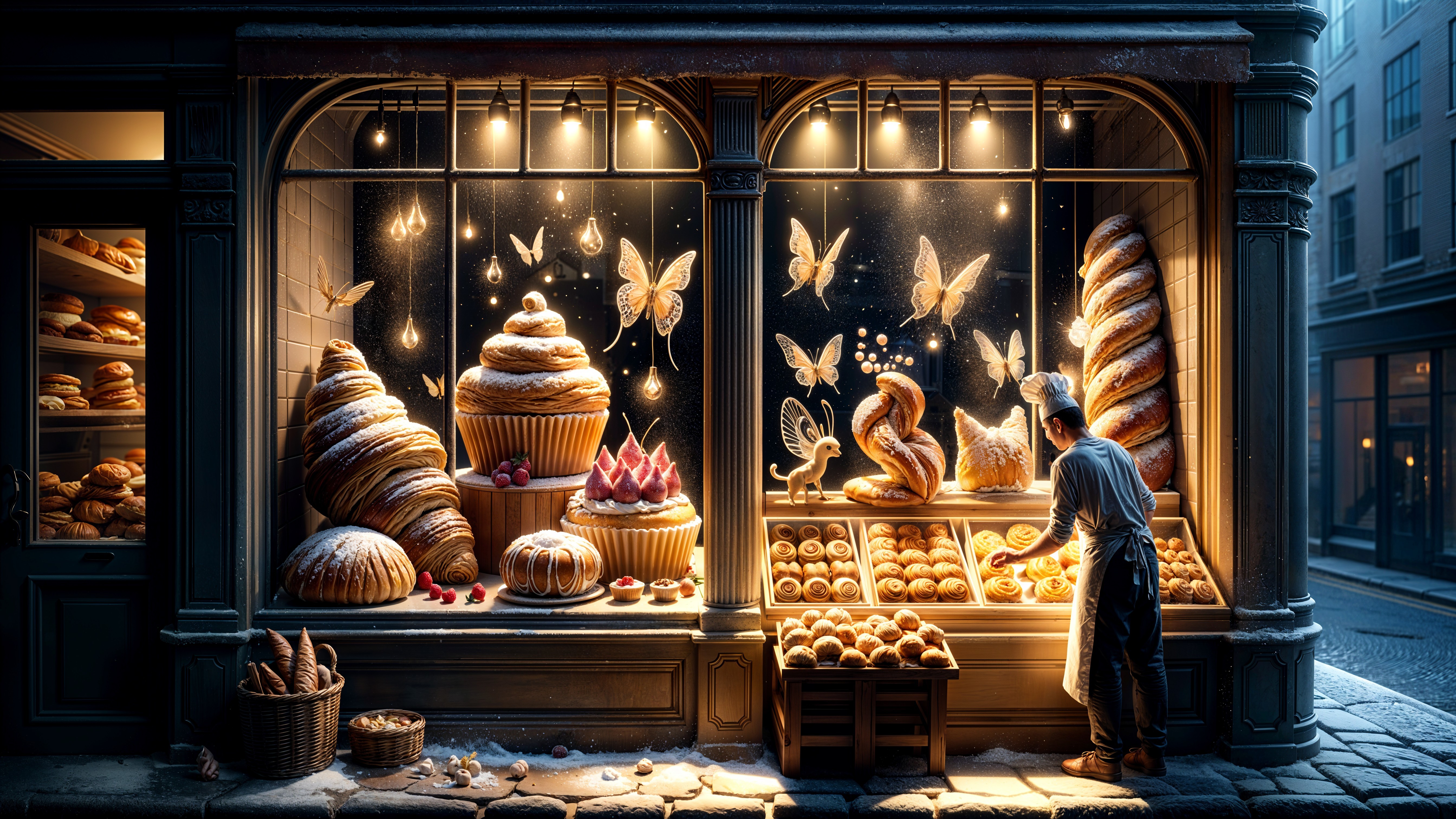 Charming Bakery Window Display with Delectable Pastries
