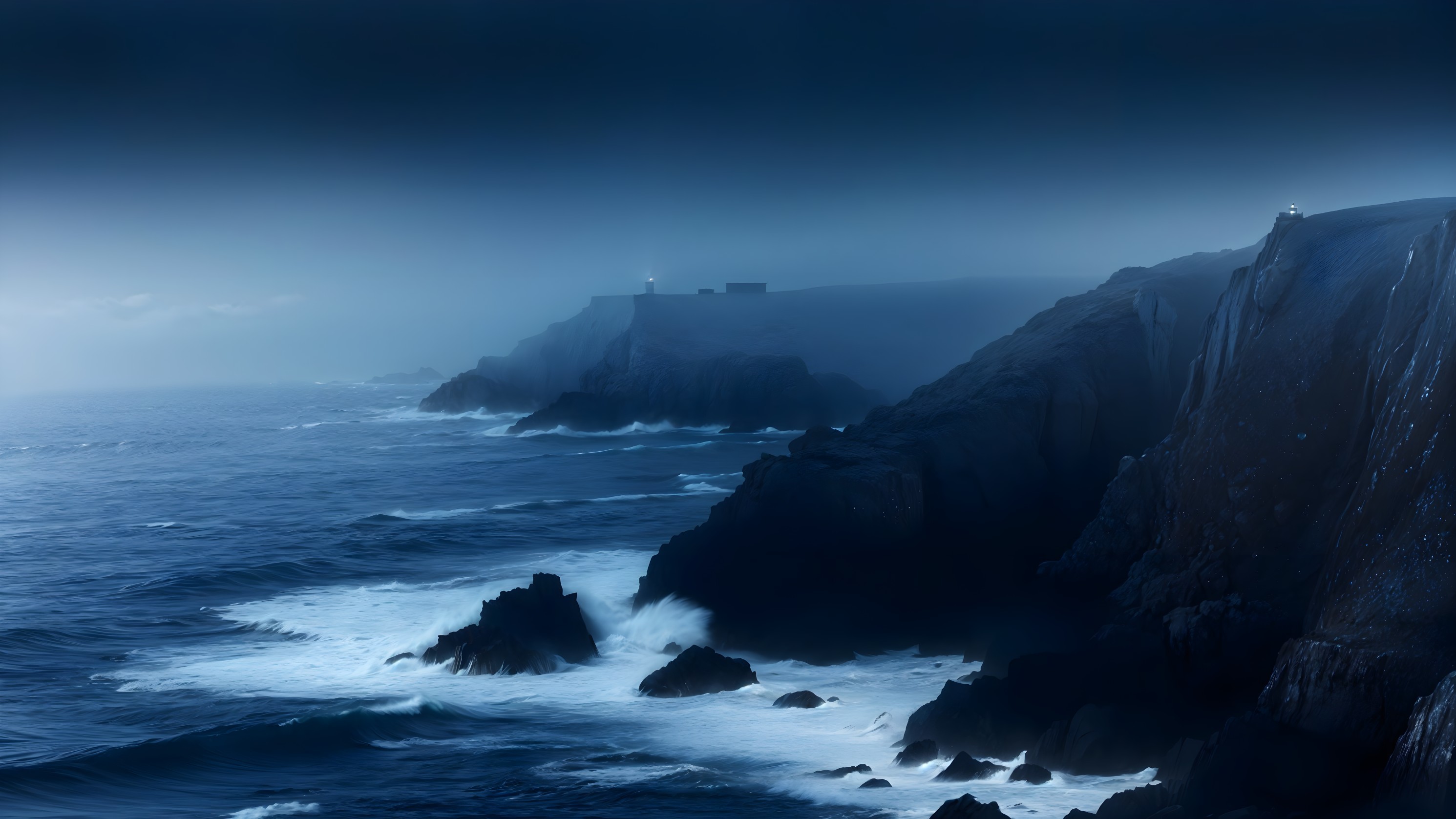 Dramatic Coastal Scene with Rugged Cliffs and Fog