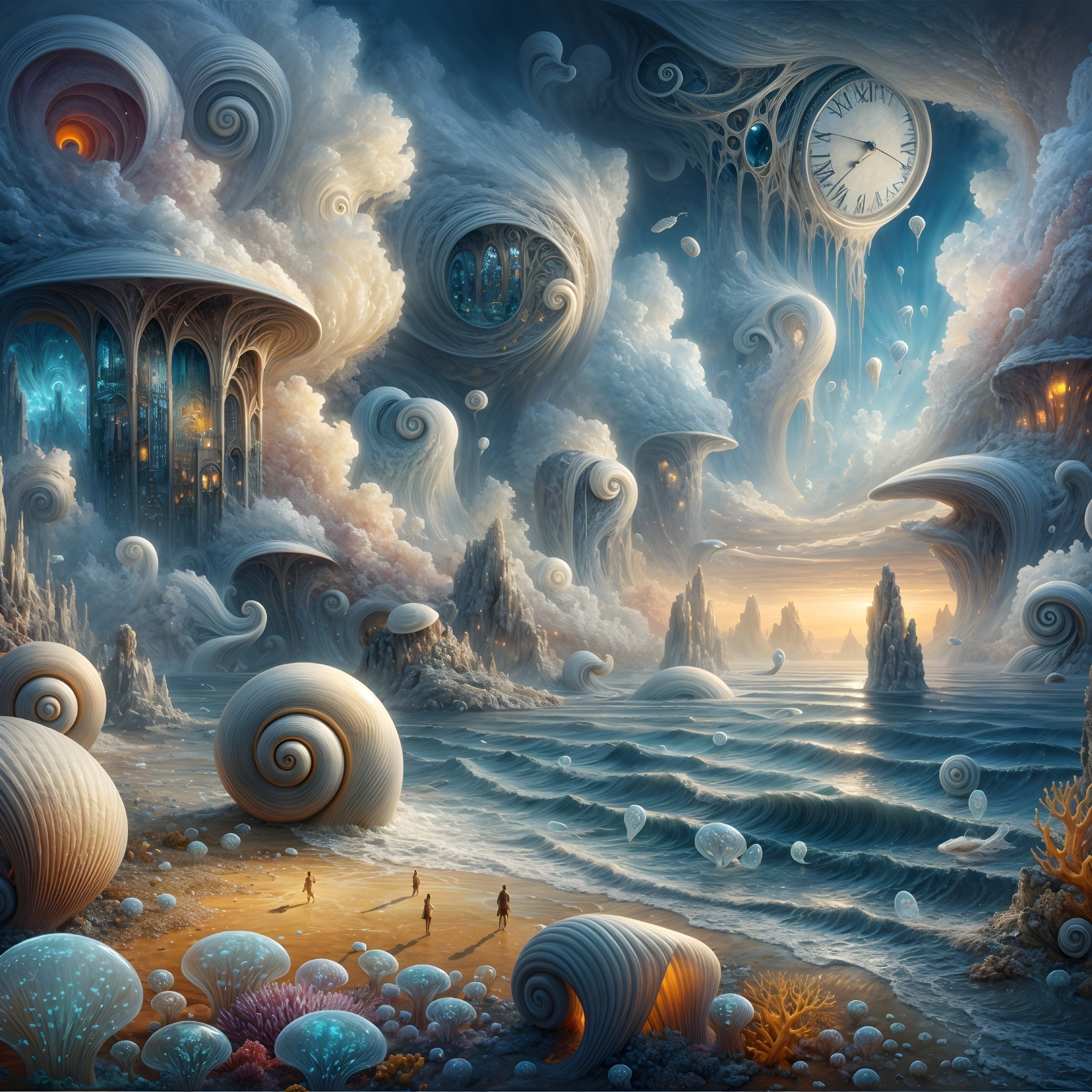 Surreal Beach Scene with Giant Seashells and Clouds