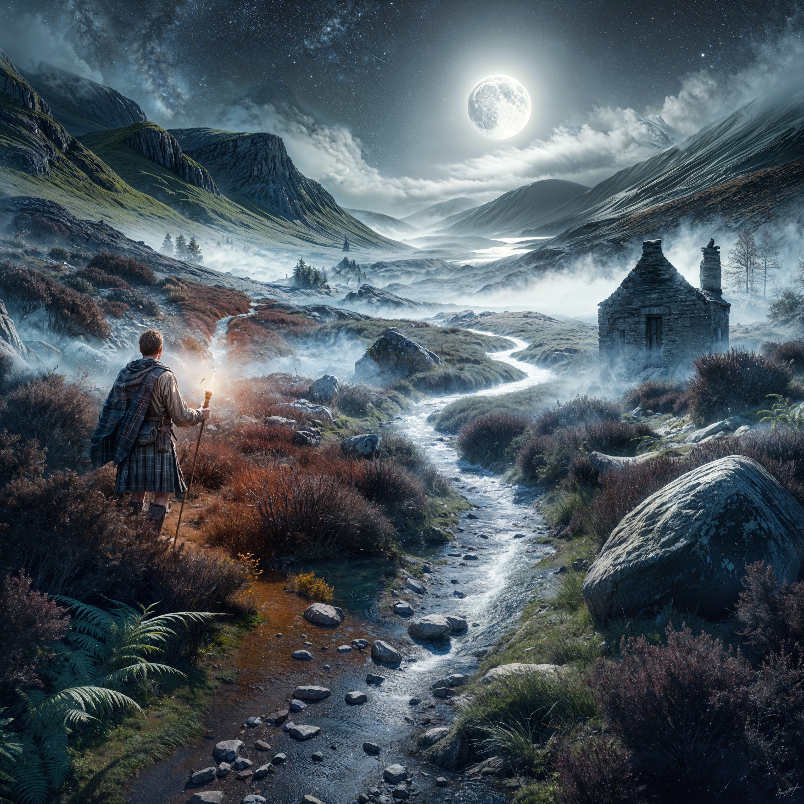 Mystical Landscape with Figure in Kilt and Cottage