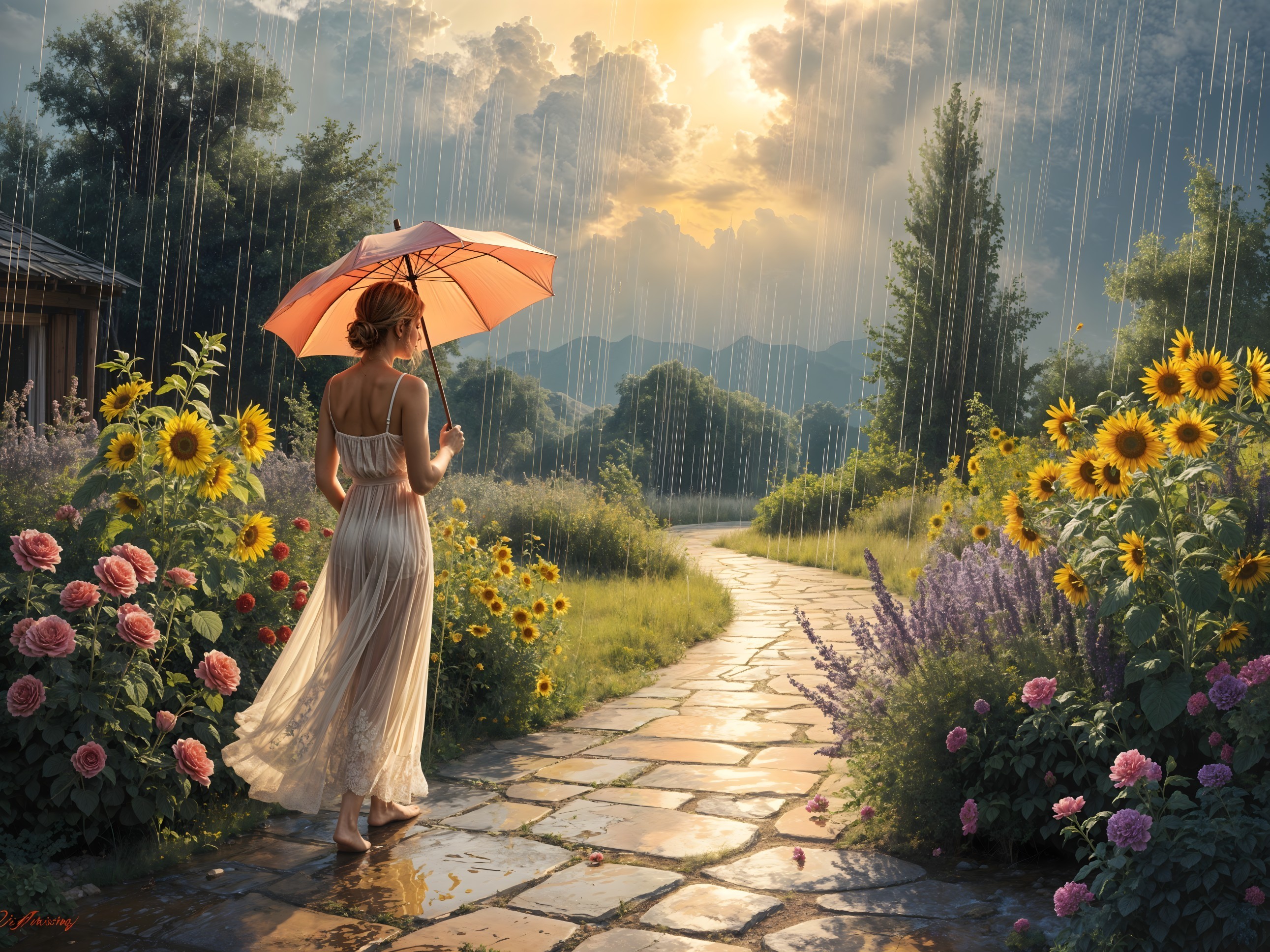 Woman in White Dress with Pink Umbrella on Path
