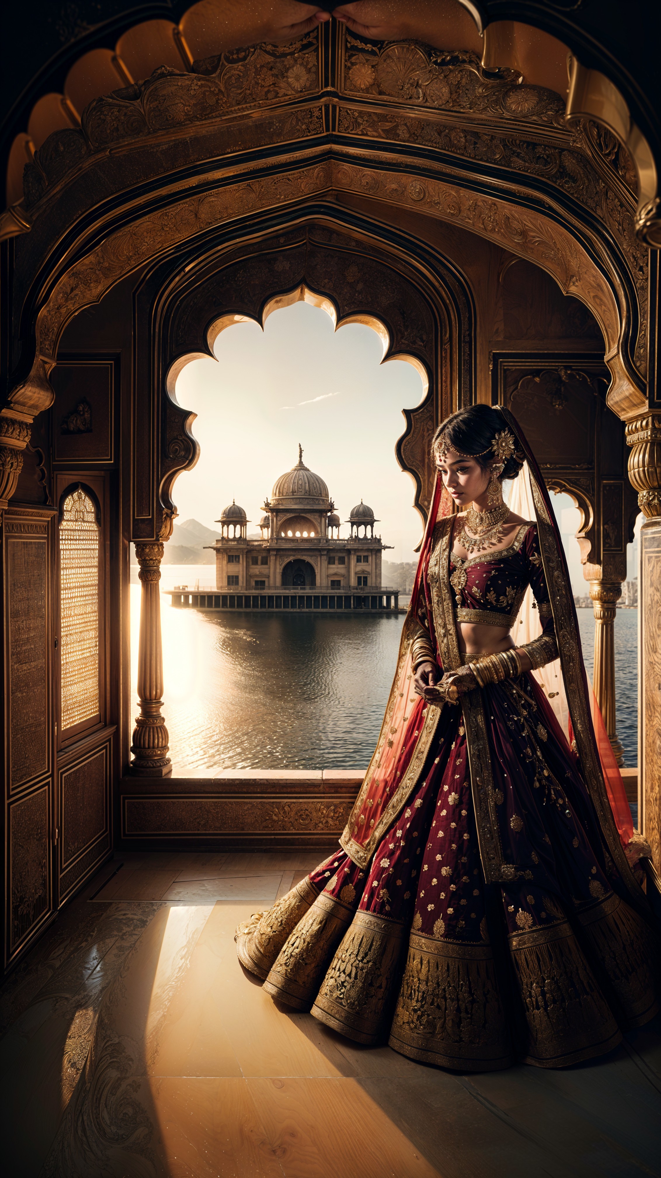 Traditional Attire and Architecture at Sunset