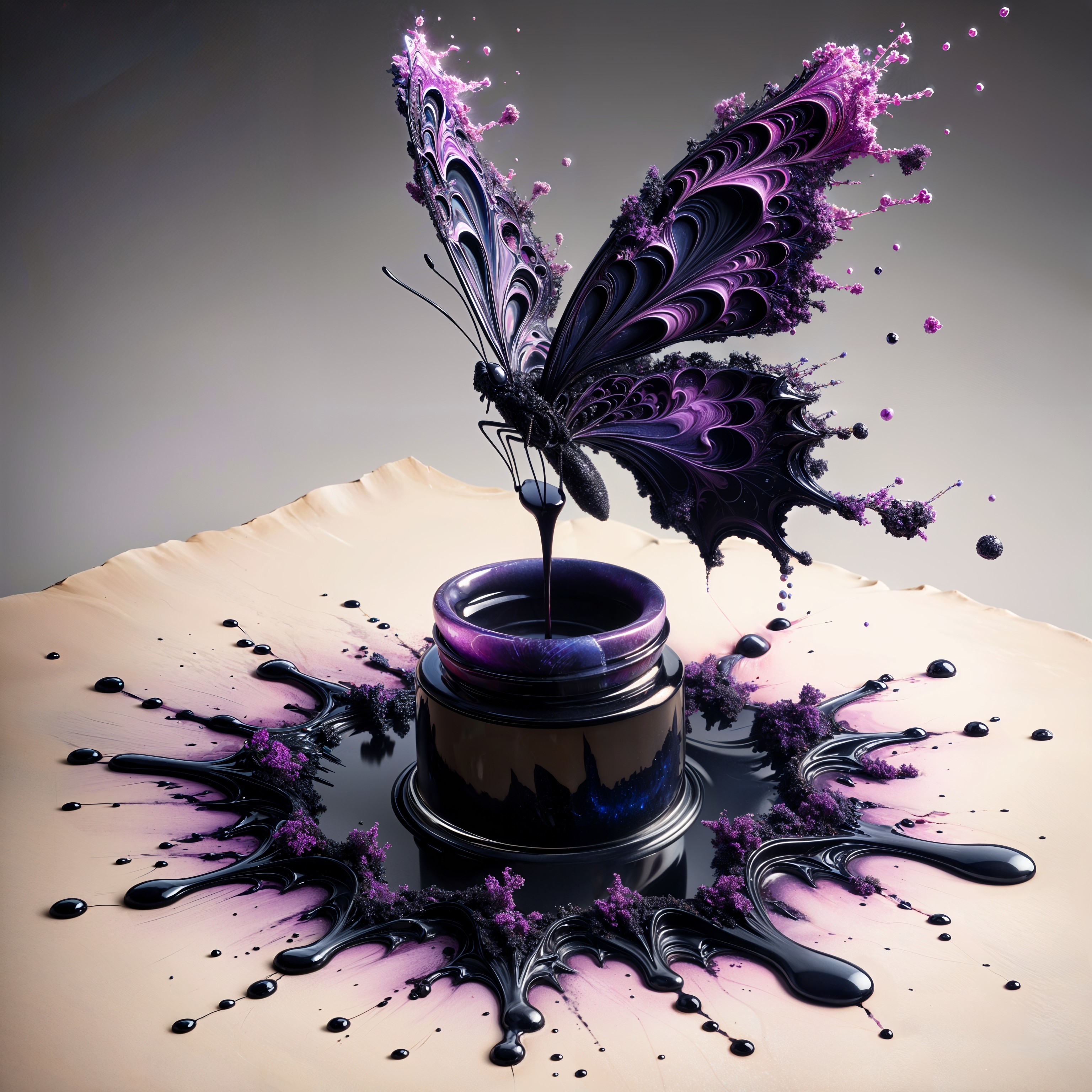 Butterfly Emerging from Jar of Paint with Colorful Splashes
