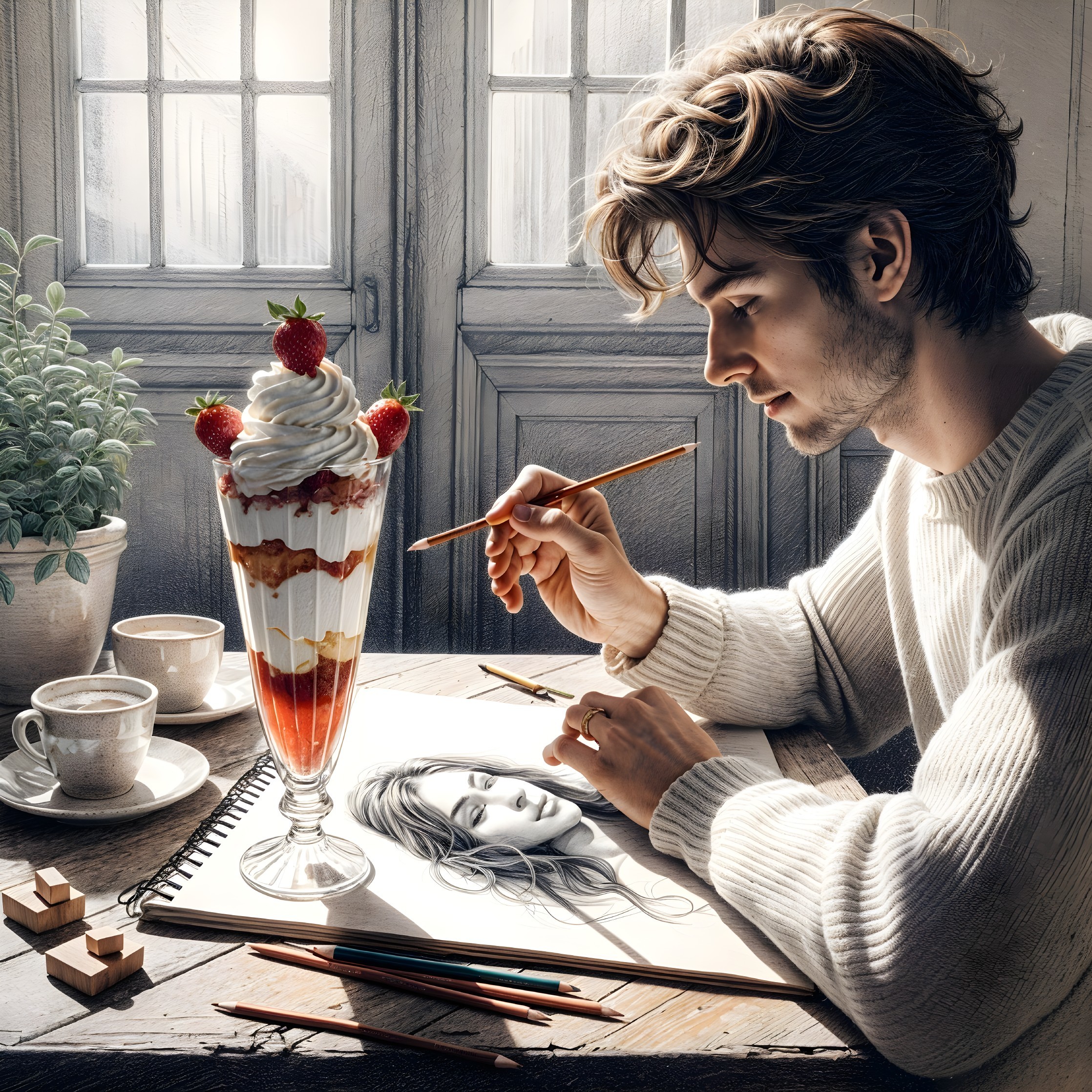 Young man sketching at rustic table with parfait and coffee