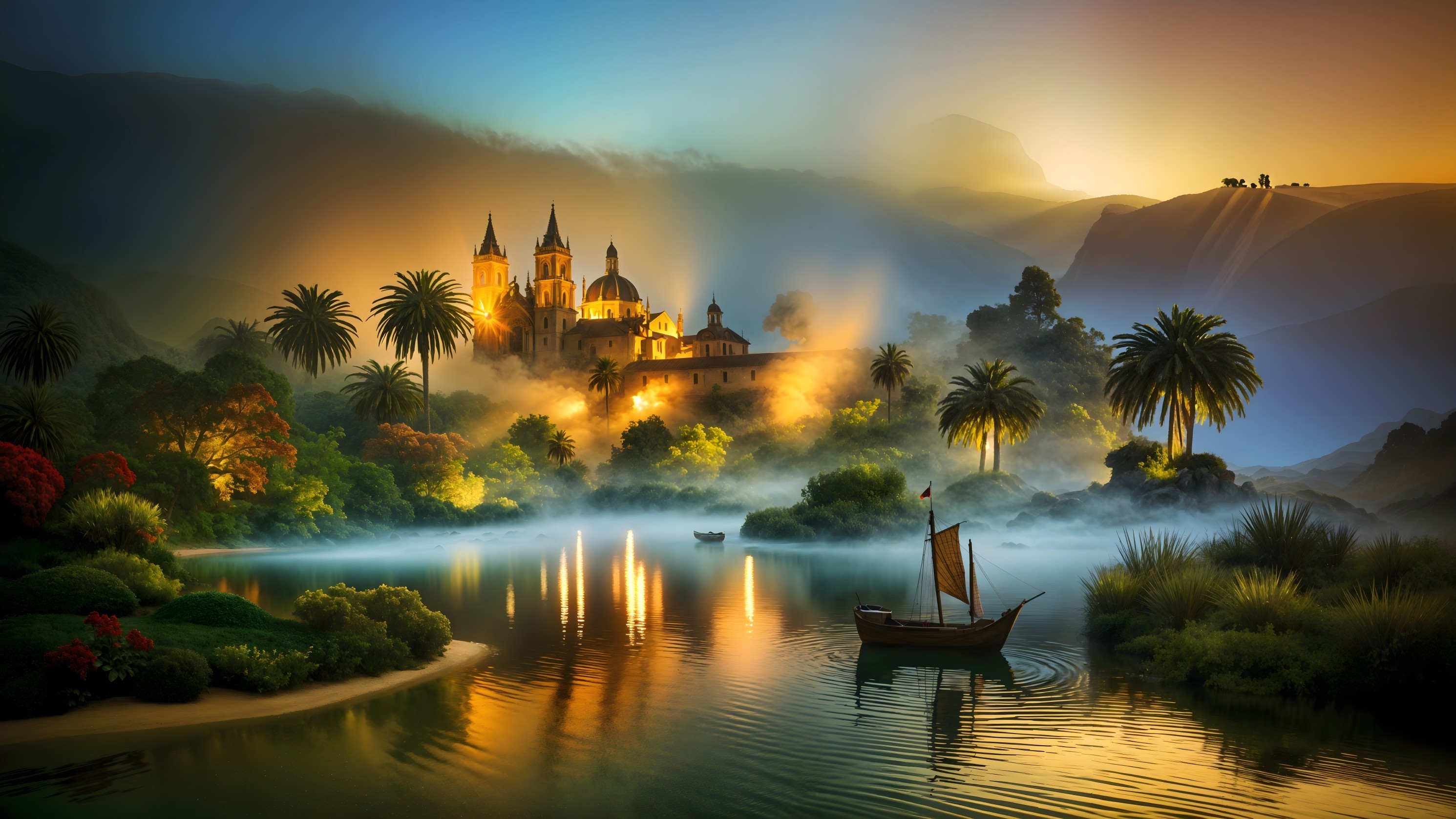 Mystical Castle Landscape with Palm Trees and Lake