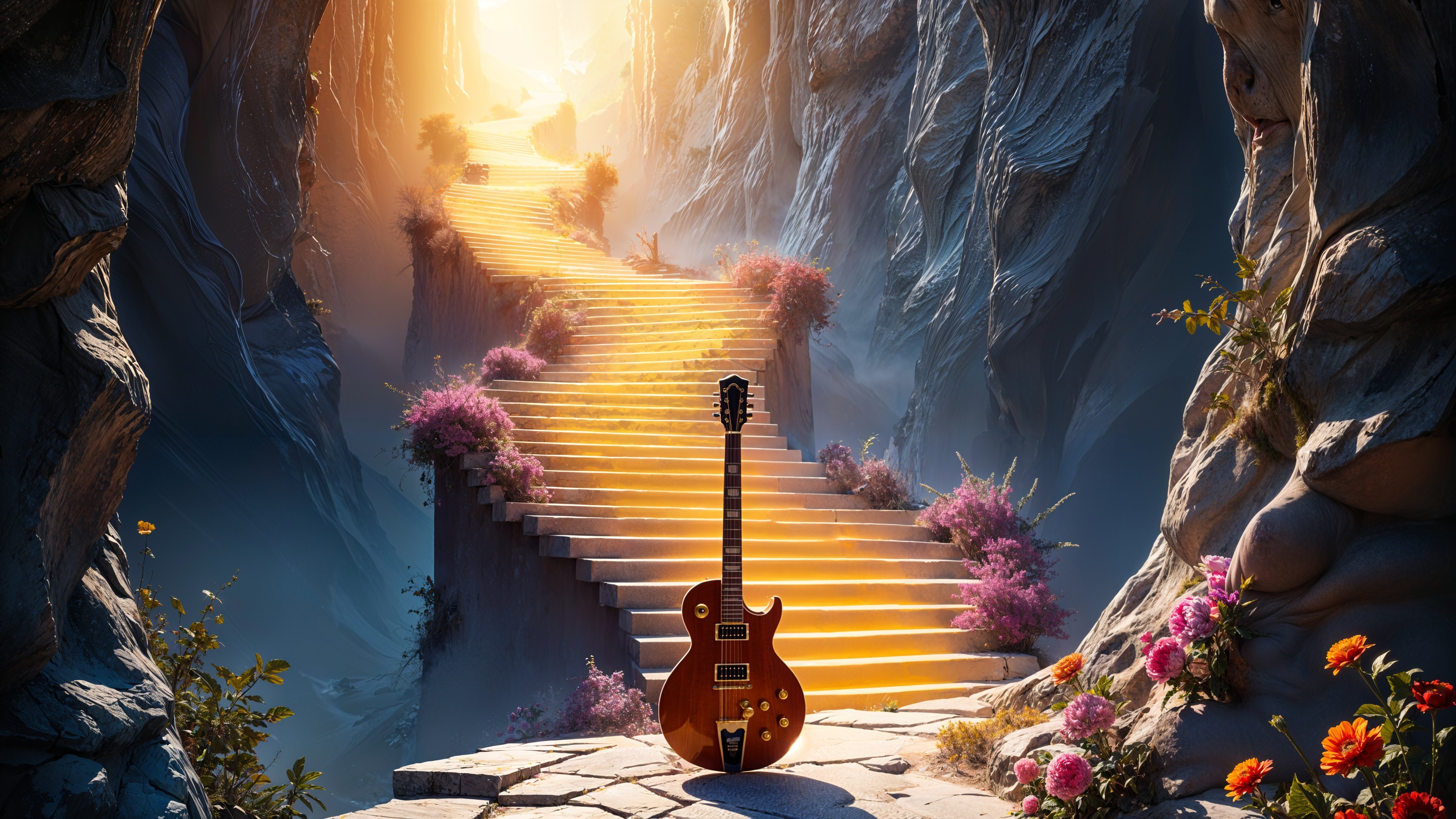 Majestic Staircase with Flowers and Electric Guitar