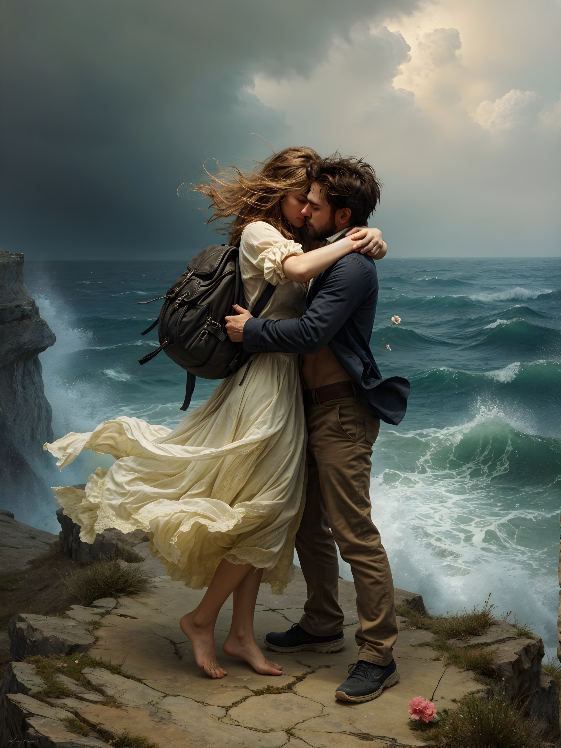 Couple Embracing on Rocky Shoreline with Stormy Waves