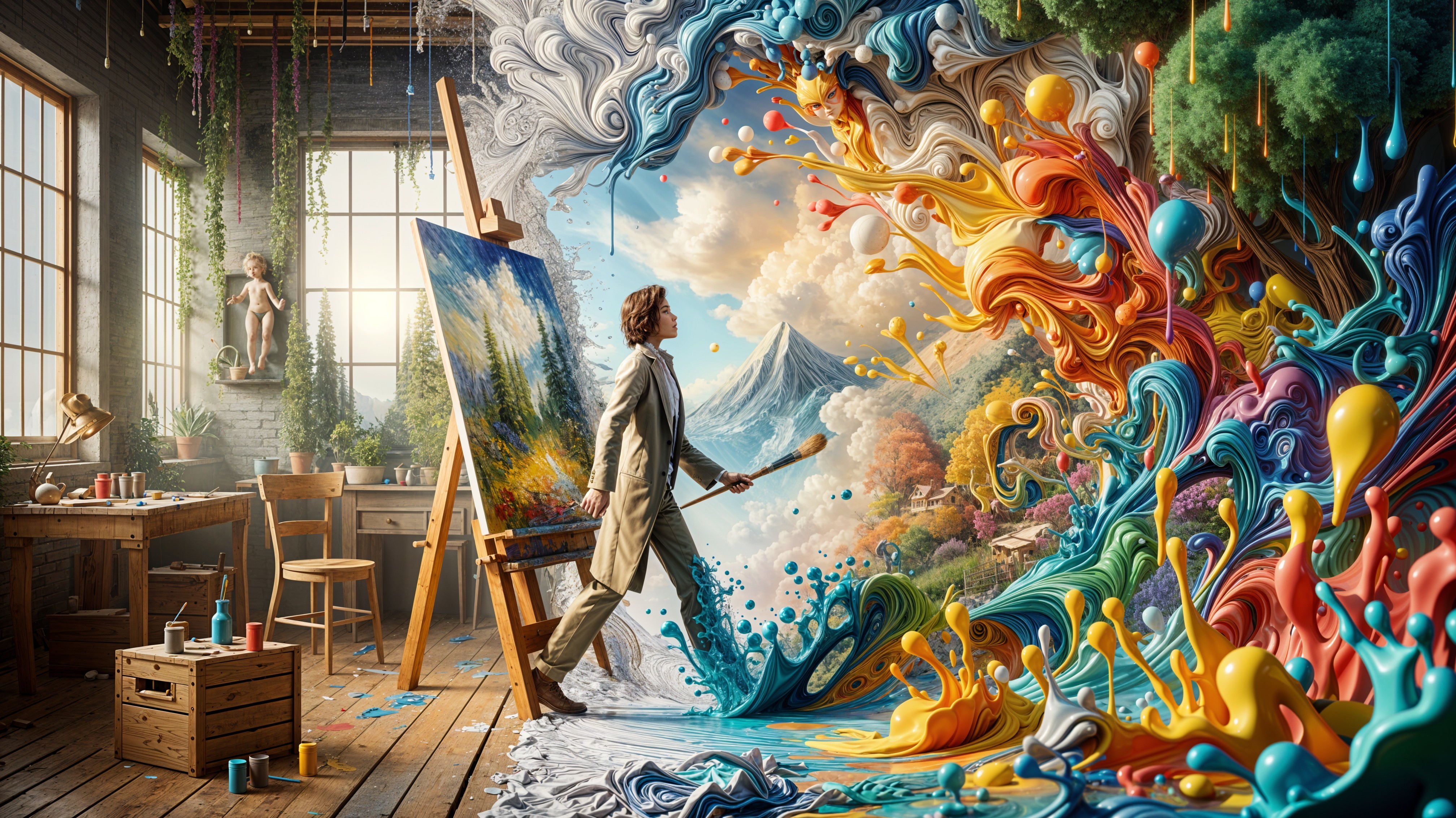 Vibrant Artist Studio with Colorful Canvas Landscape