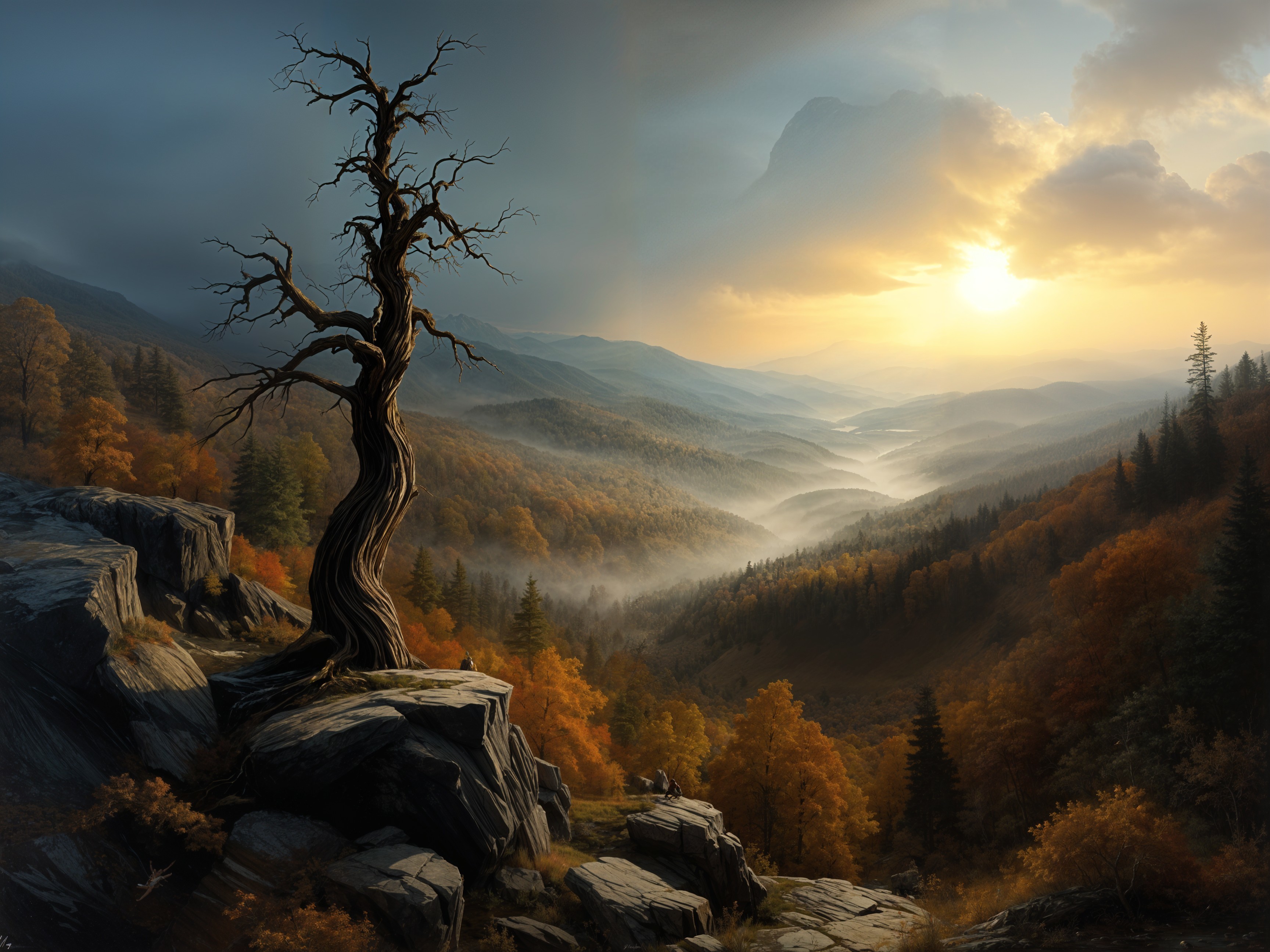 Dramatic Landscape with Twisted Tree and Autumn Foliage