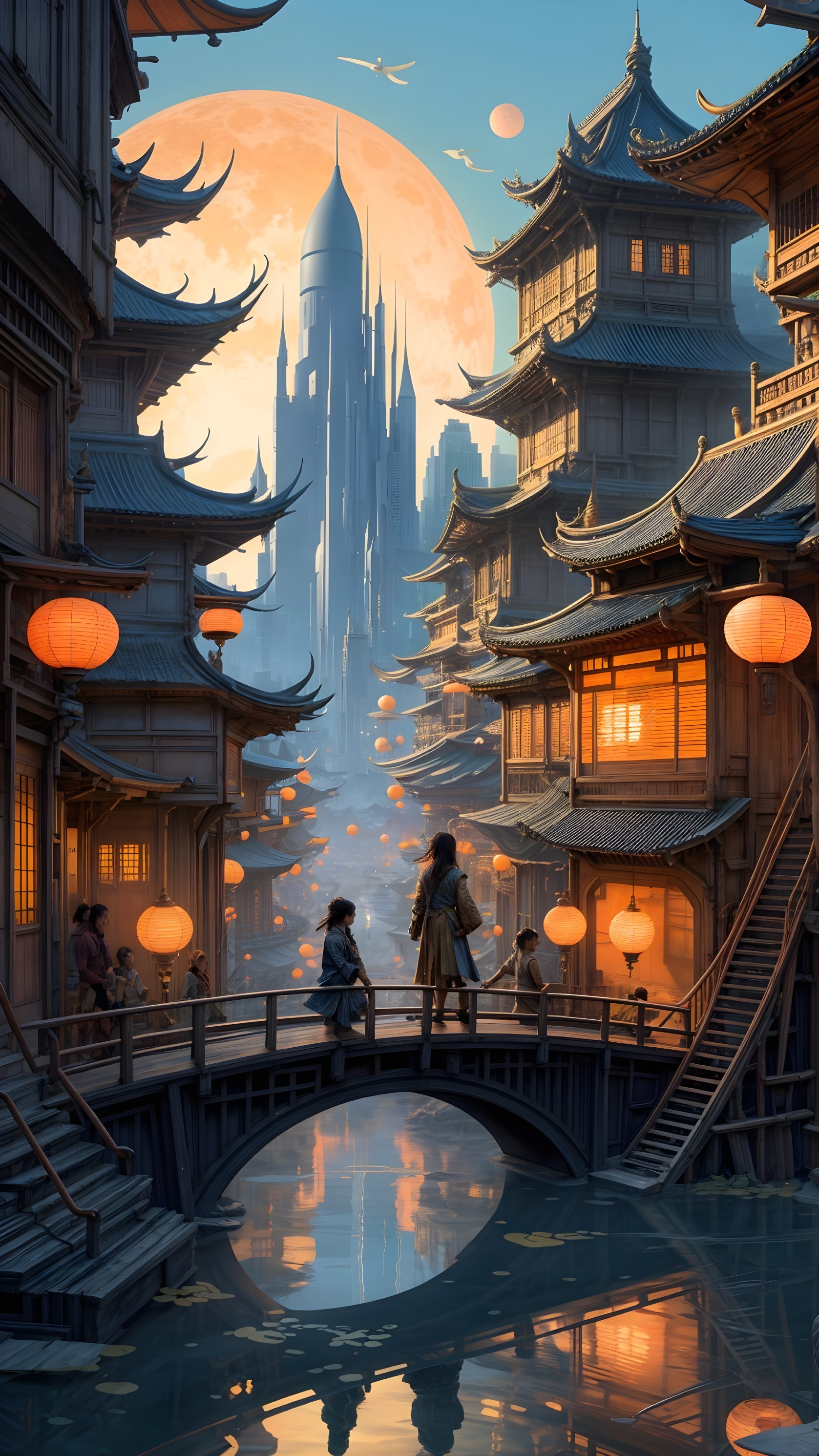 Twilight Scene of Waterway with Asian Architecture