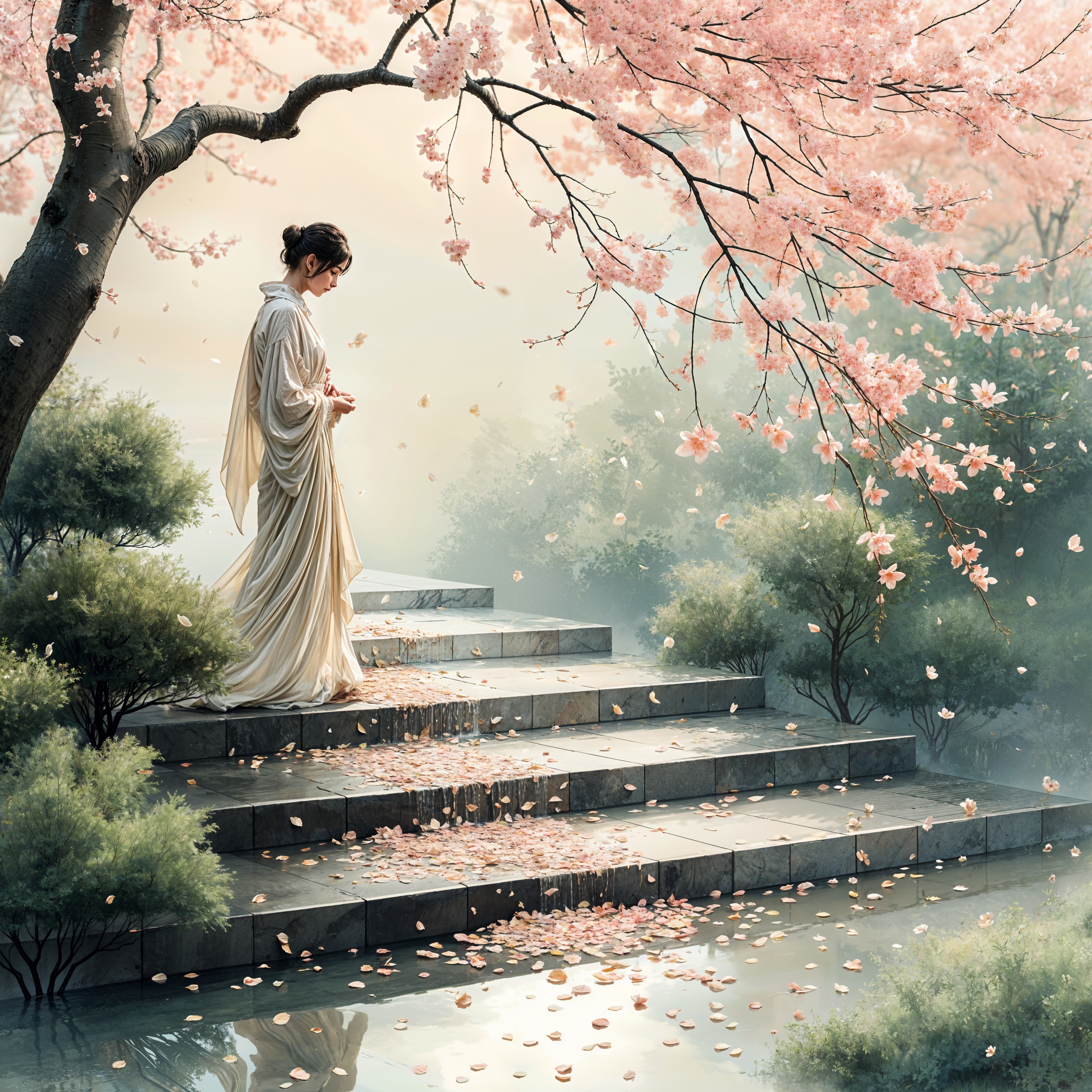 Woman in gown on cherry blossom pathway scene