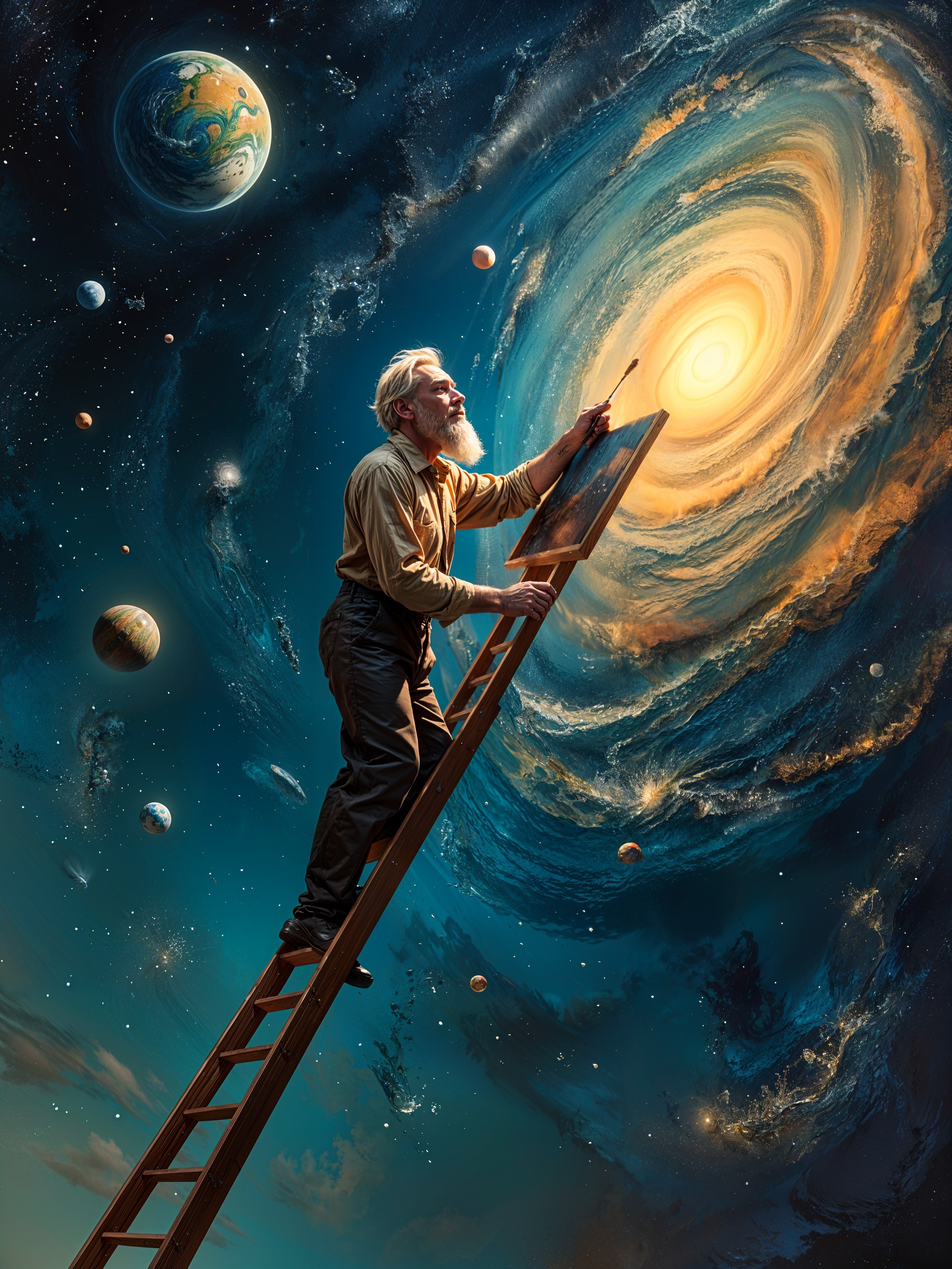 Elderly Man Painting a Colorful Galaxy on a Ladder