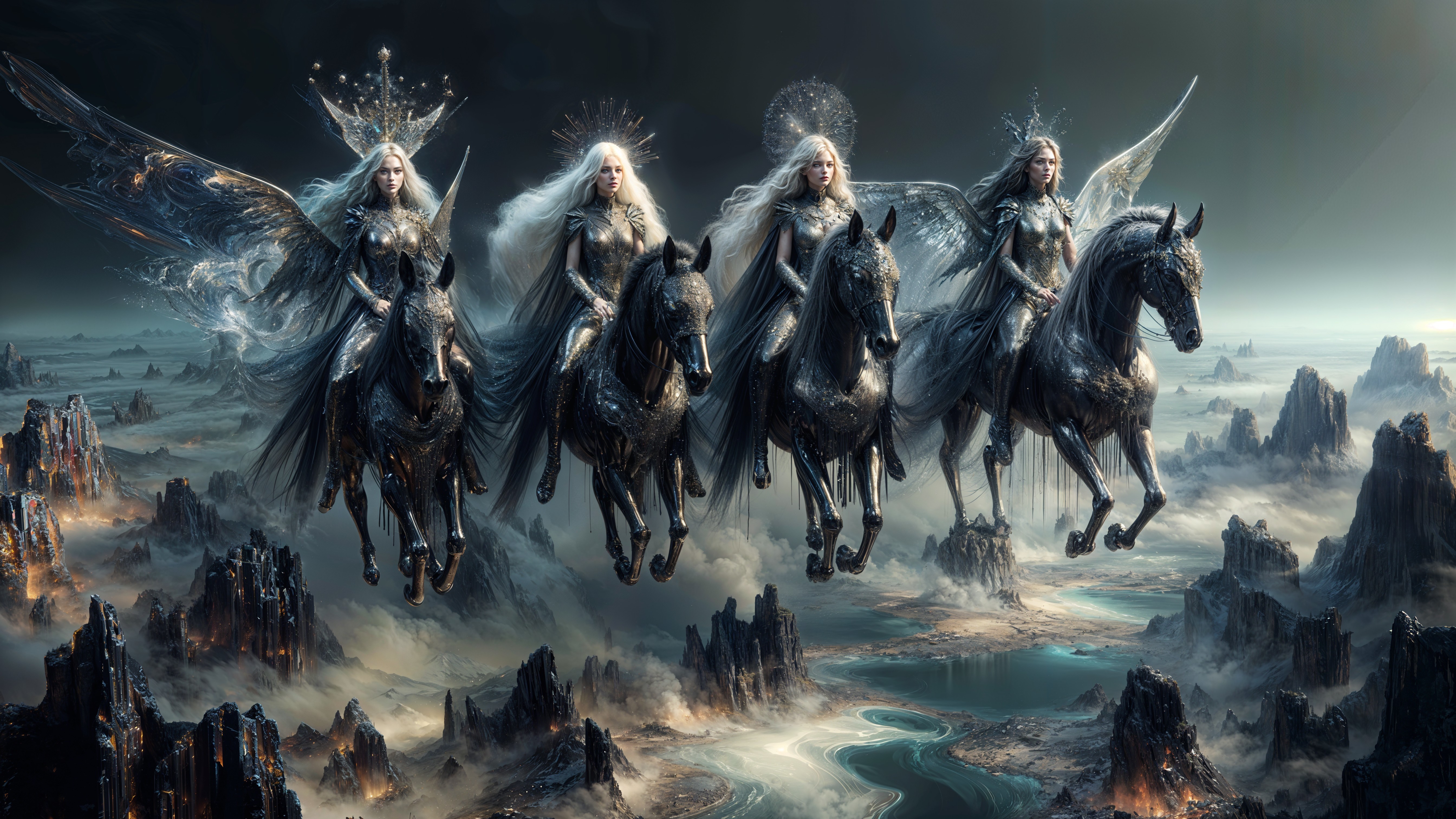 Ethereal Beings on Black Horses in Mystical Landscape