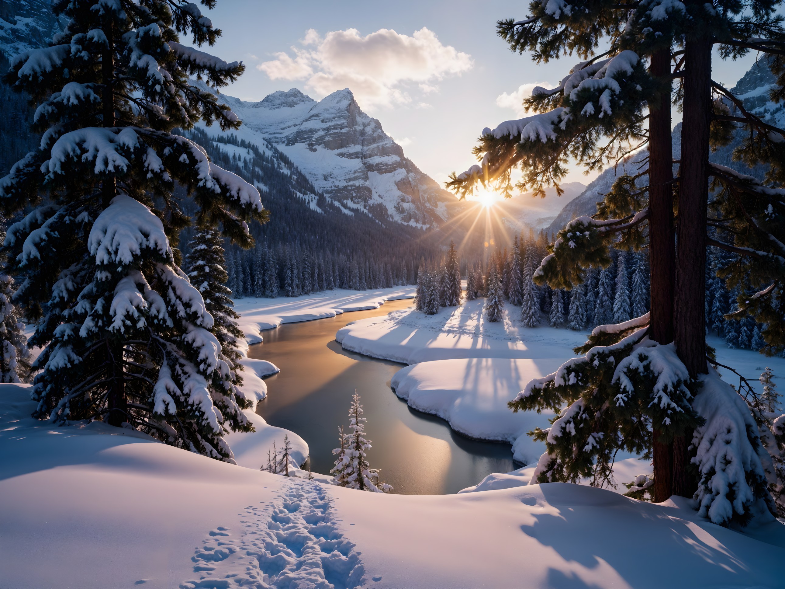 Serene Winter Landscape with Snow-Covered Pines