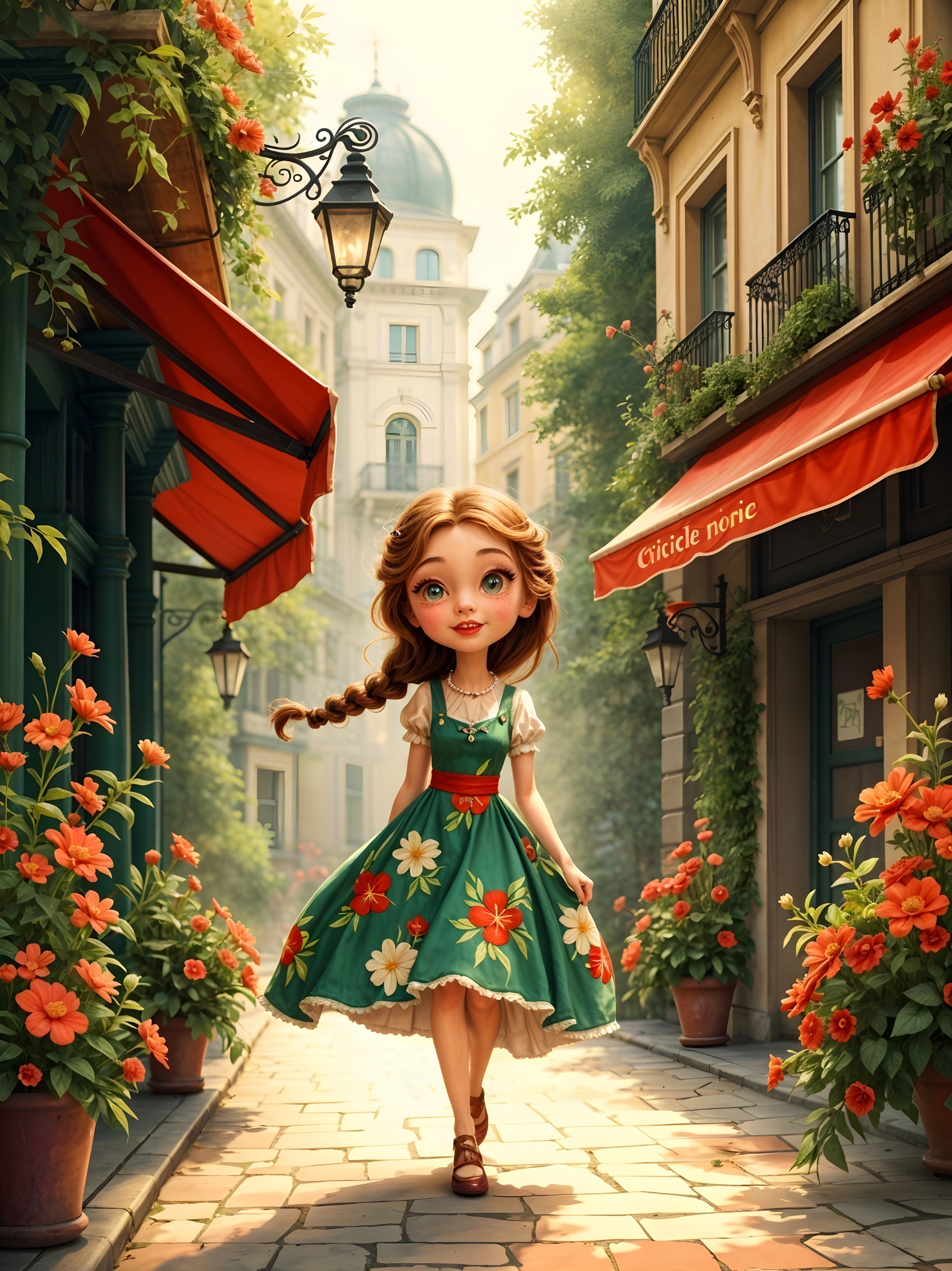 Charming Street Scene with Young Girl in Green Dress