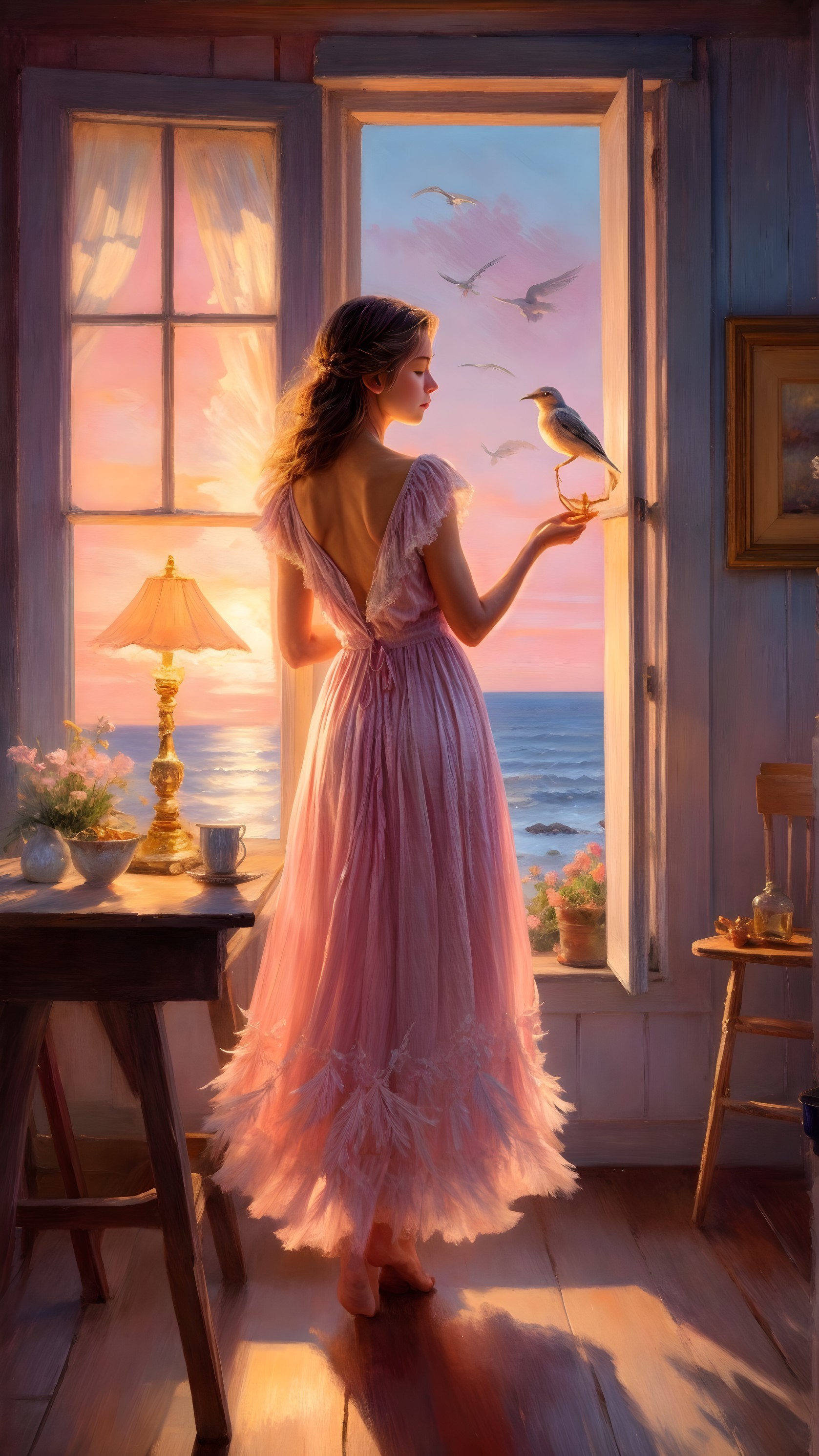 Woman in Pink Dress by Sunlit Doorway with Bird