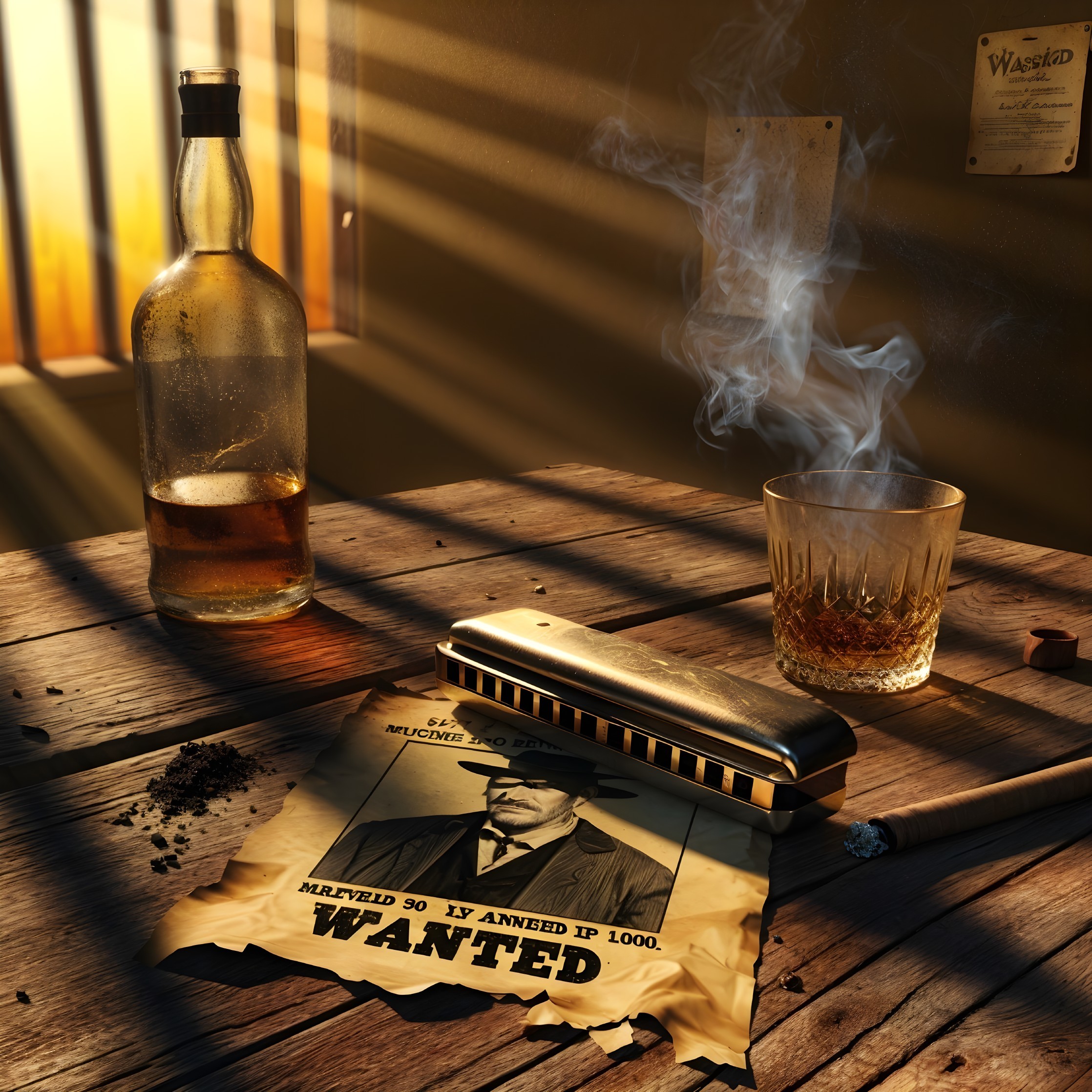 Rustic Table with Wanted Poster and Whiskey Setup