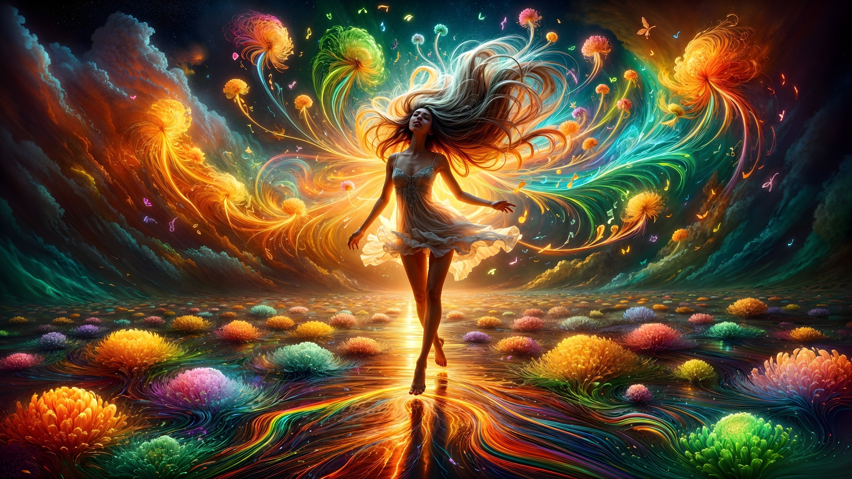 Ethereal Woman in Colorful Dreamlike Landscape