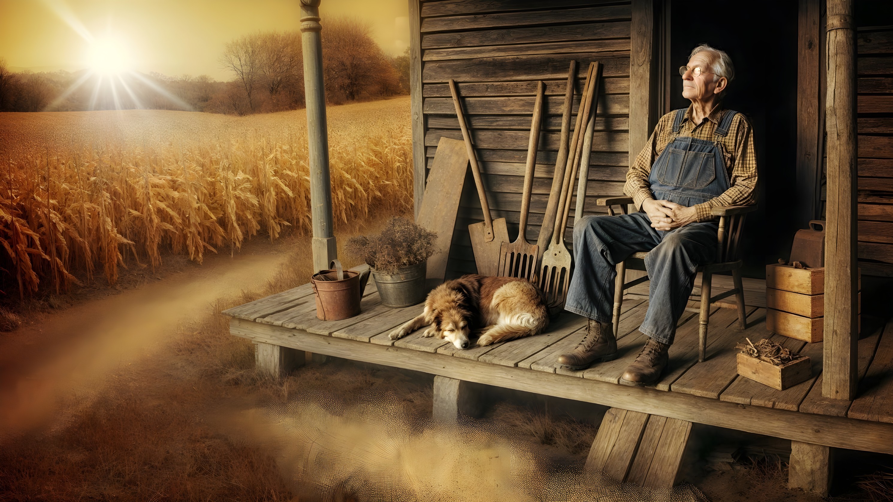 Elderly Man on Porch with Dog at Sunset in Rural Setting