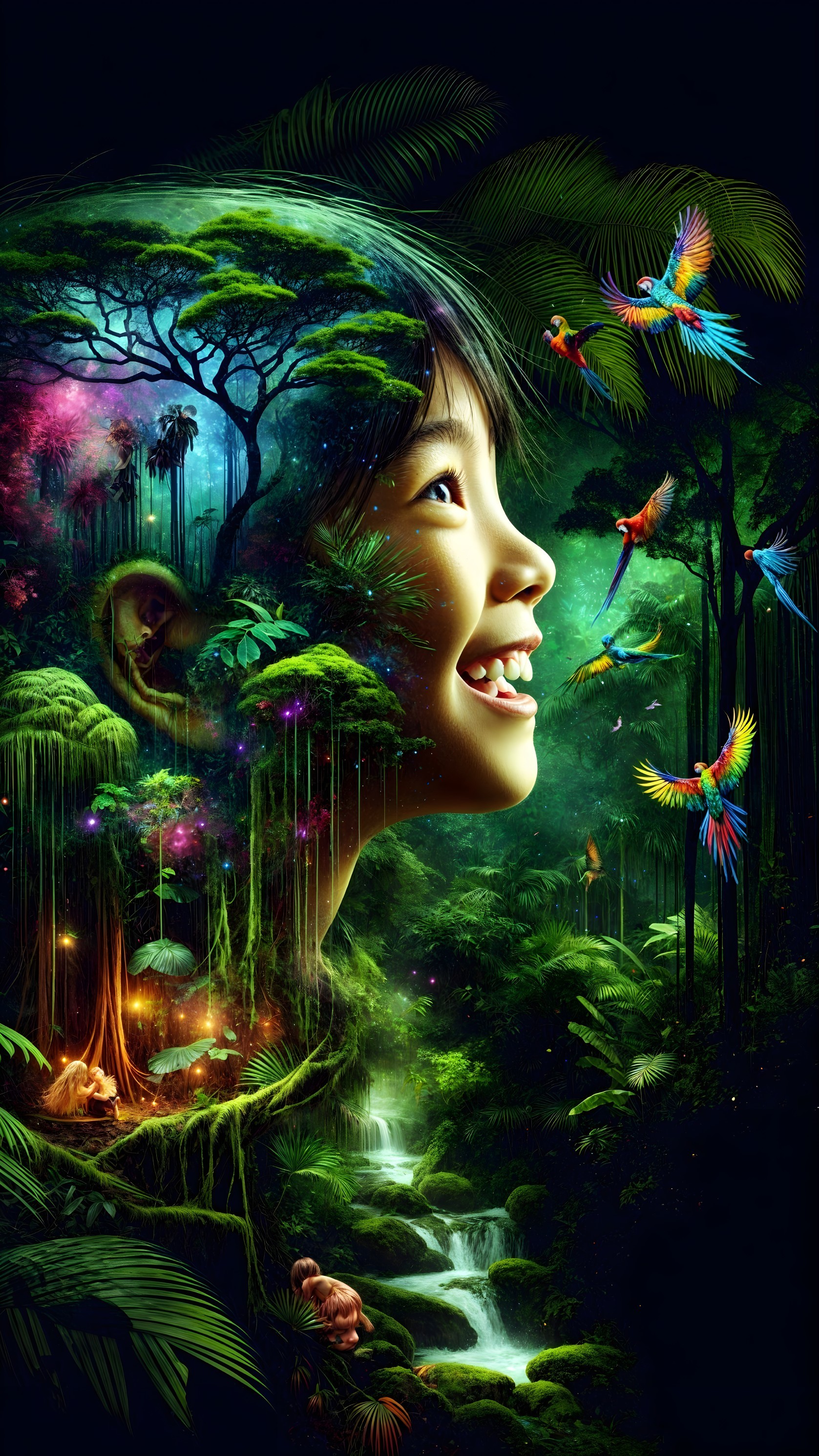 Child's Profile with Vibrant Forest and Waterfall Scene
