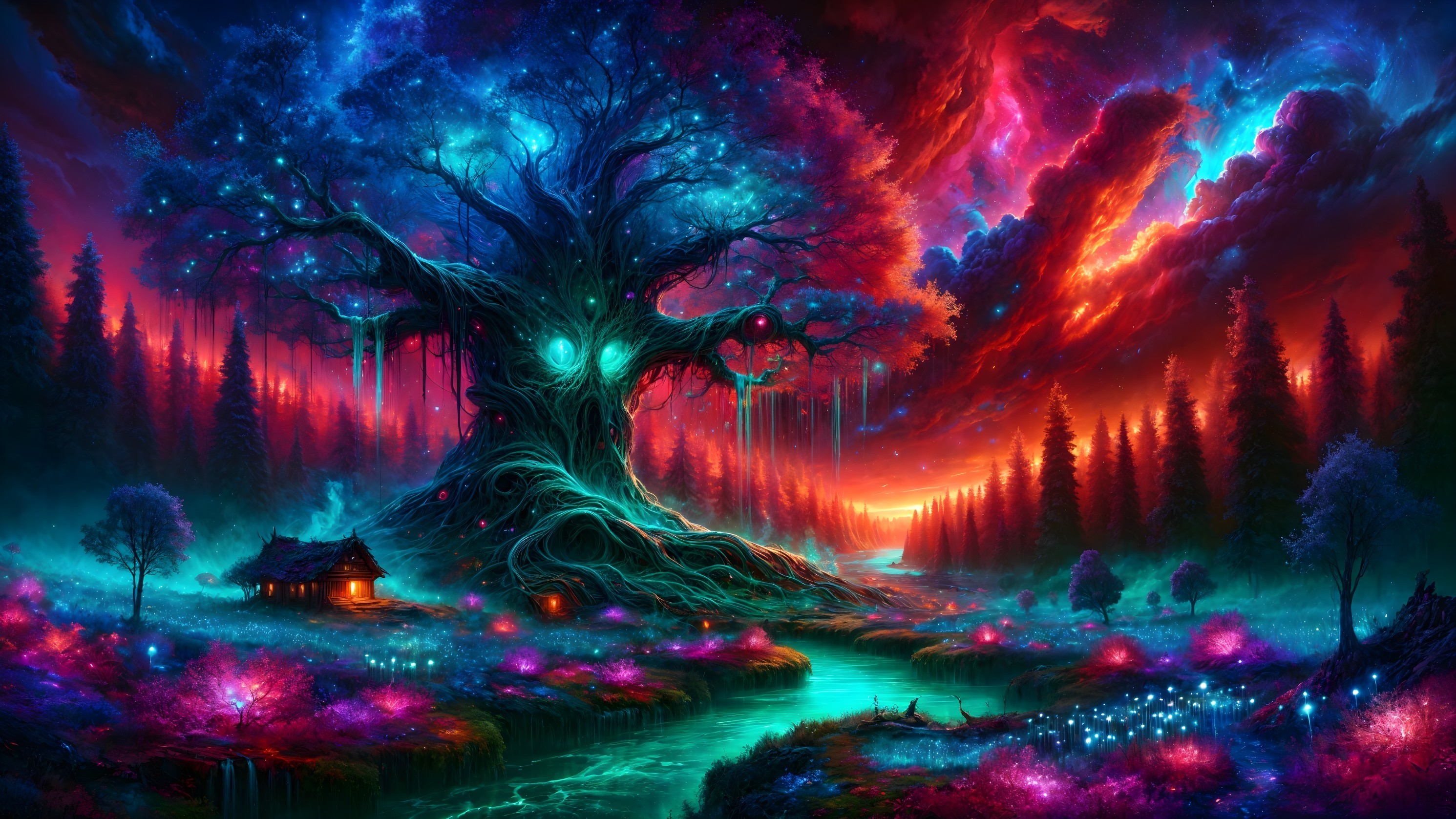 Majestic Tree with Blue and Purple Hues Under Sky