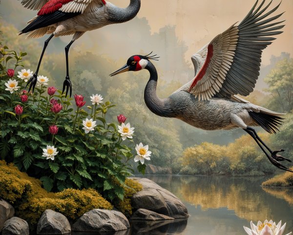 Cranes in Flight Over Lotus Pond in Chinese Art