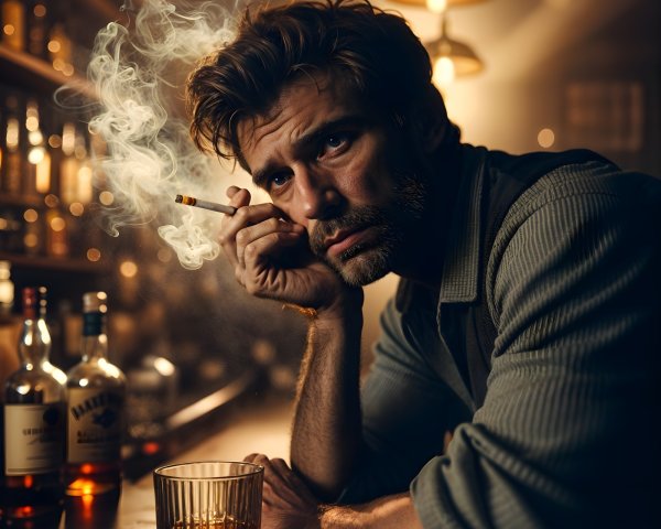 Contemplative Scene at a Dimly Lit Bar with Whiskey