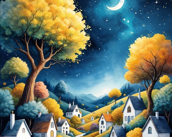 Whimsical Village Landscape Under Starry Night Sky