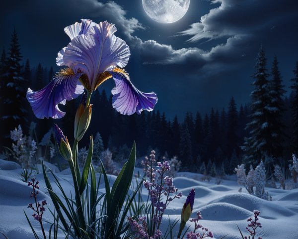 Iris Blooming in Snowy Landscape Under Moonlight