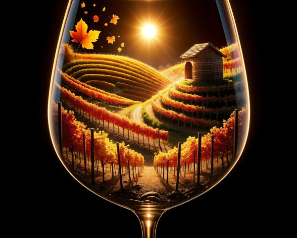 Wine Glass Featuring Vineyard Scene and Autumn Foliage