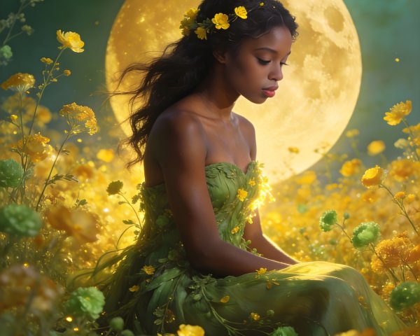 Painting of Dark-Skinned Woman in Flower Field