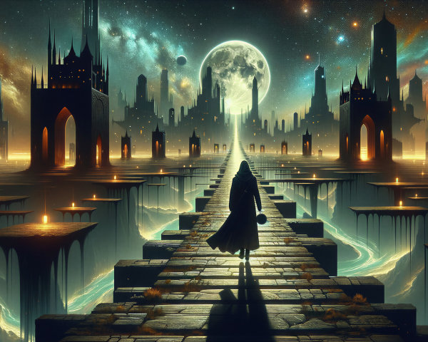 Mysterious Figure on Illuminated Pathway to Cityscape